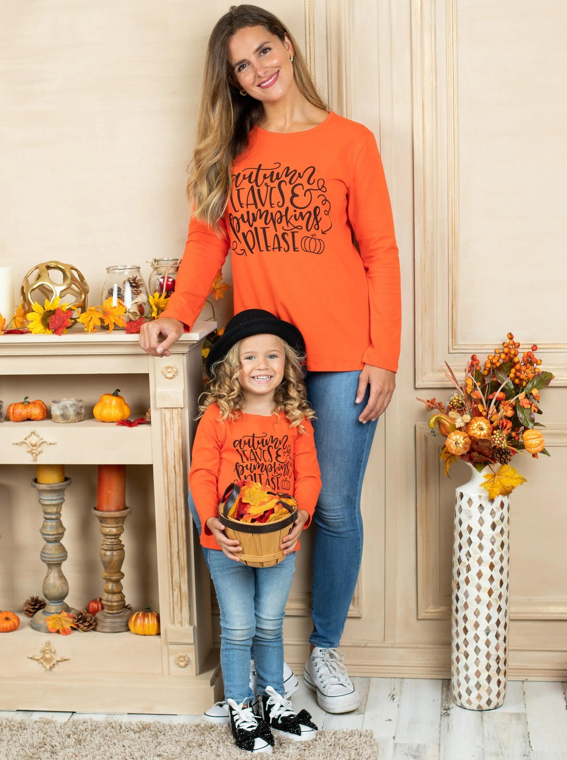 Mommy and Me Autumn Leaves and Pumpkins Please Top