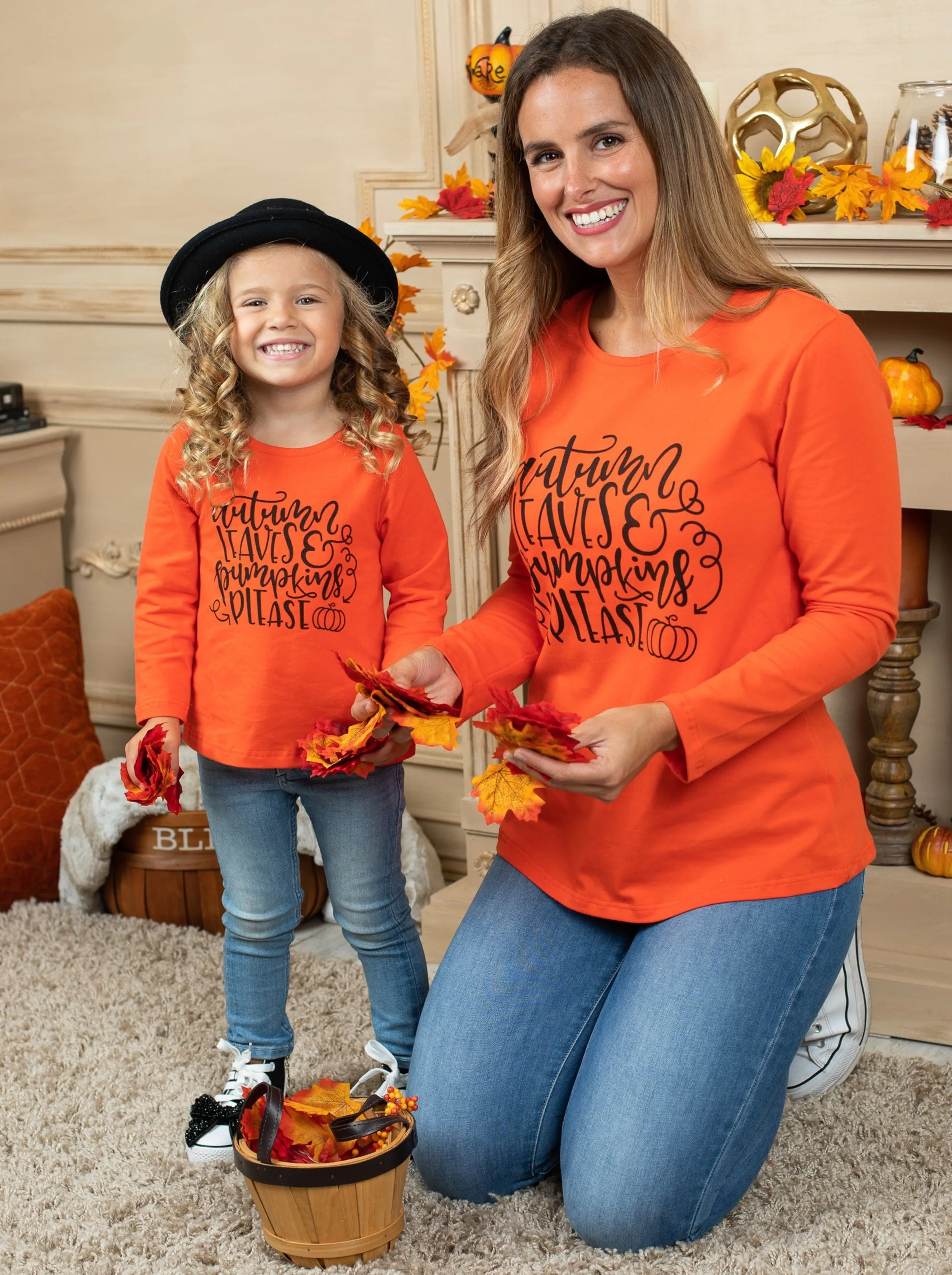 Mommy and Me Autumn Leaves and Pumpkins Please Top