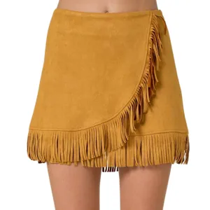 Mustard Suede Fringe Wrap Skirt