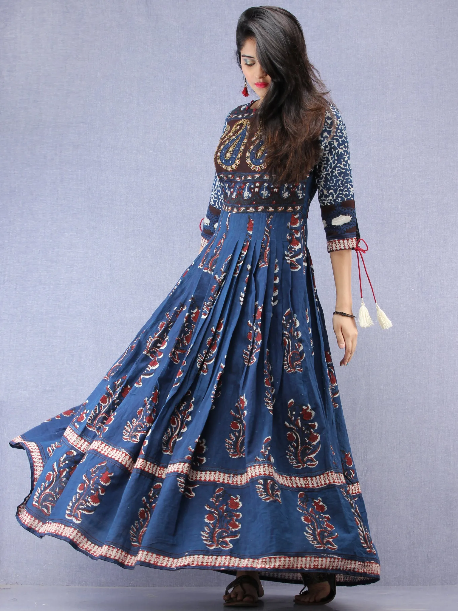 Naaz Tirana - Hand Block Mughal Printed Long Cotton Embroidered Dress - DS104F001