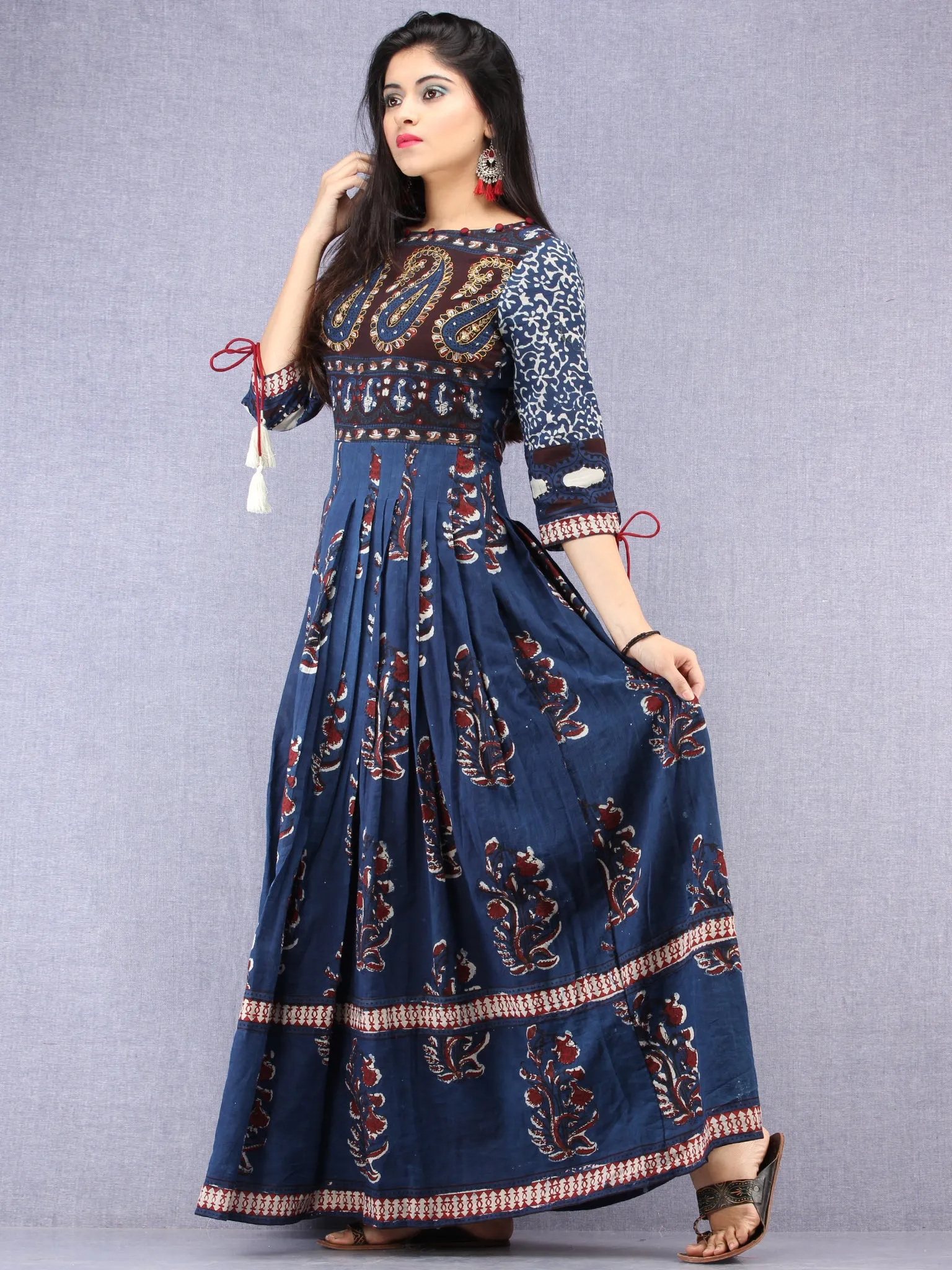 Naaz Tirana - Hand Block Mughal Printed Long Cotton Embroidered Dress - DS104F001