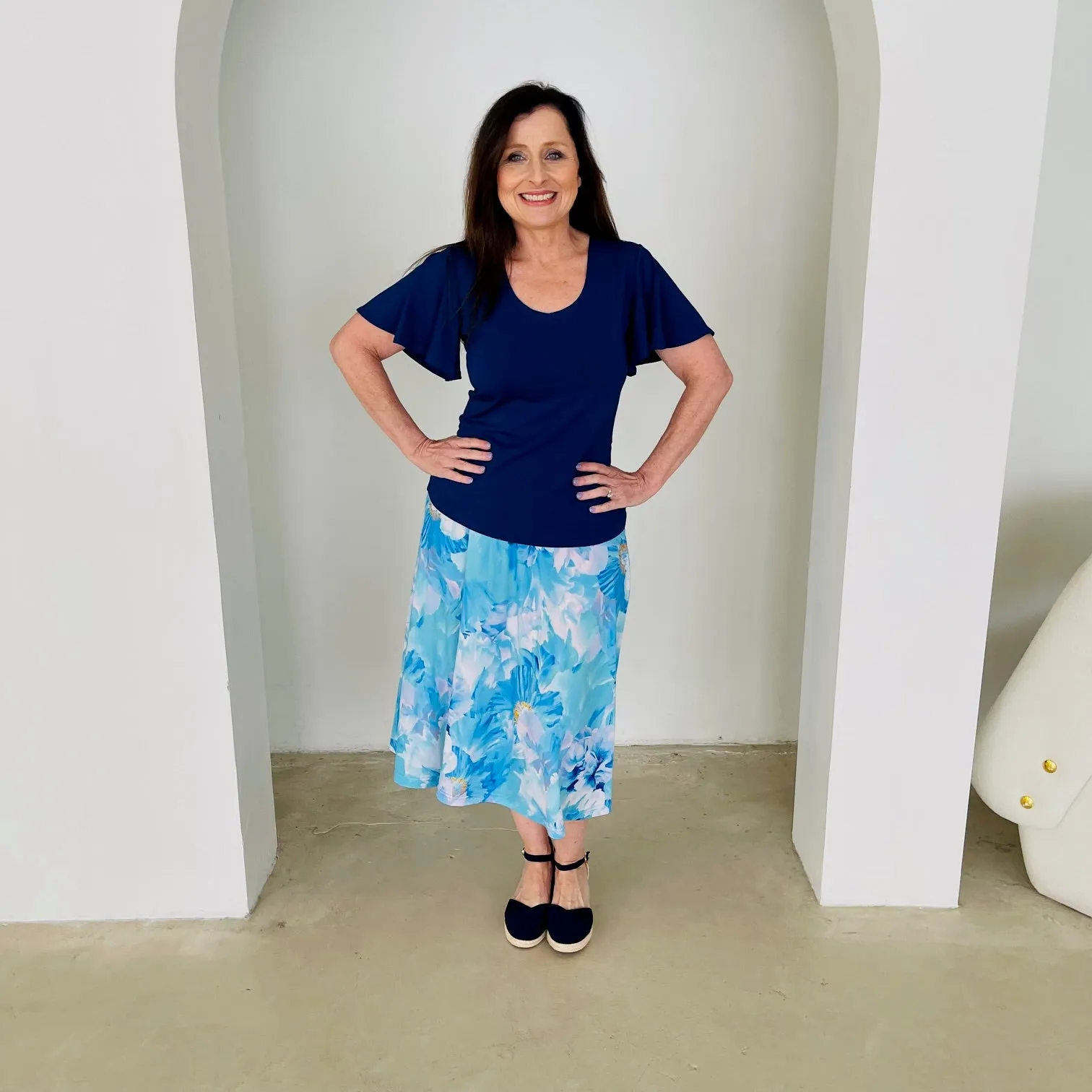 Navy Bamboo wave sleeve top