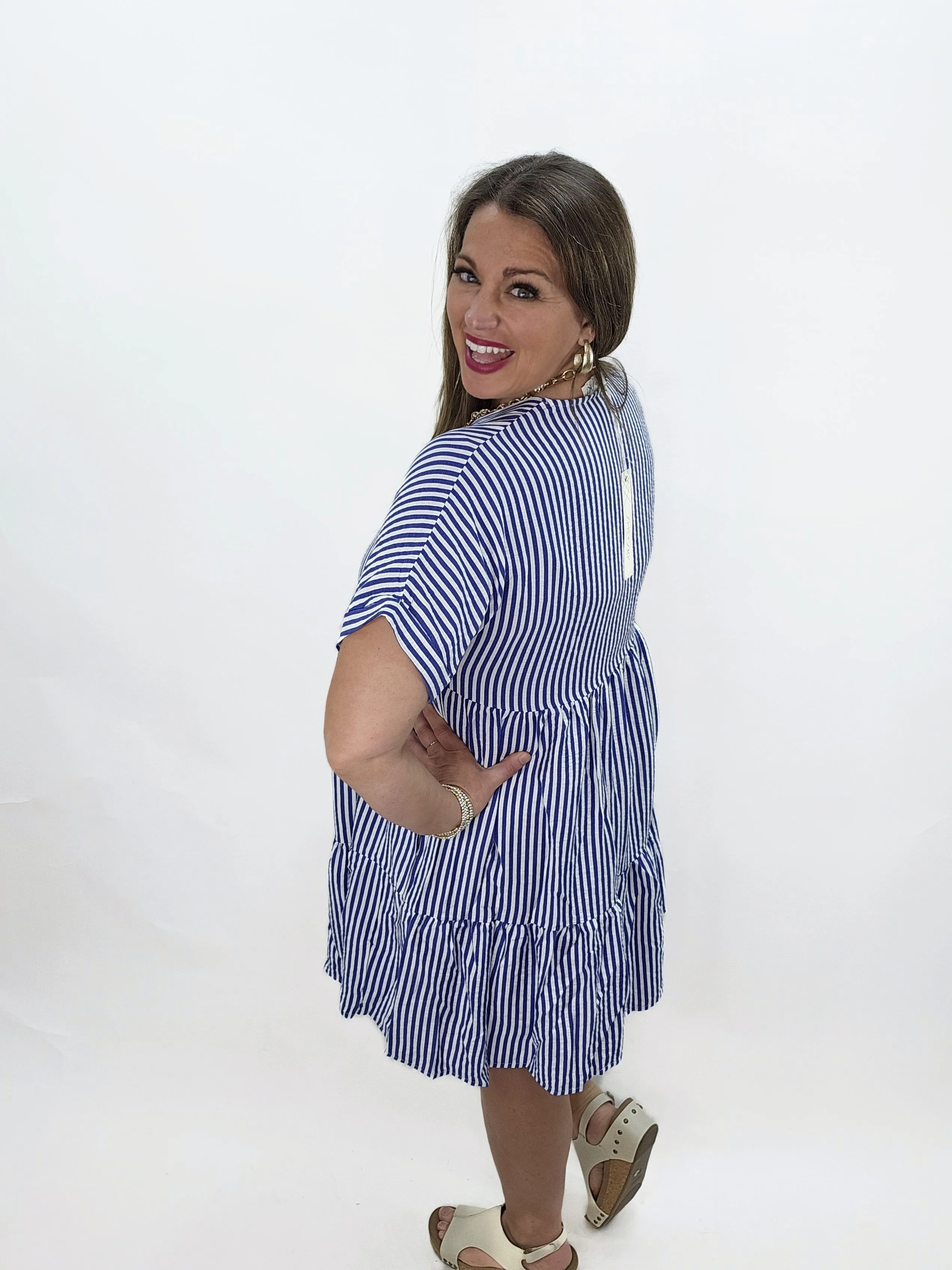NAVY/WHITE STRIPED V NECK SIDE POCKET DRESS