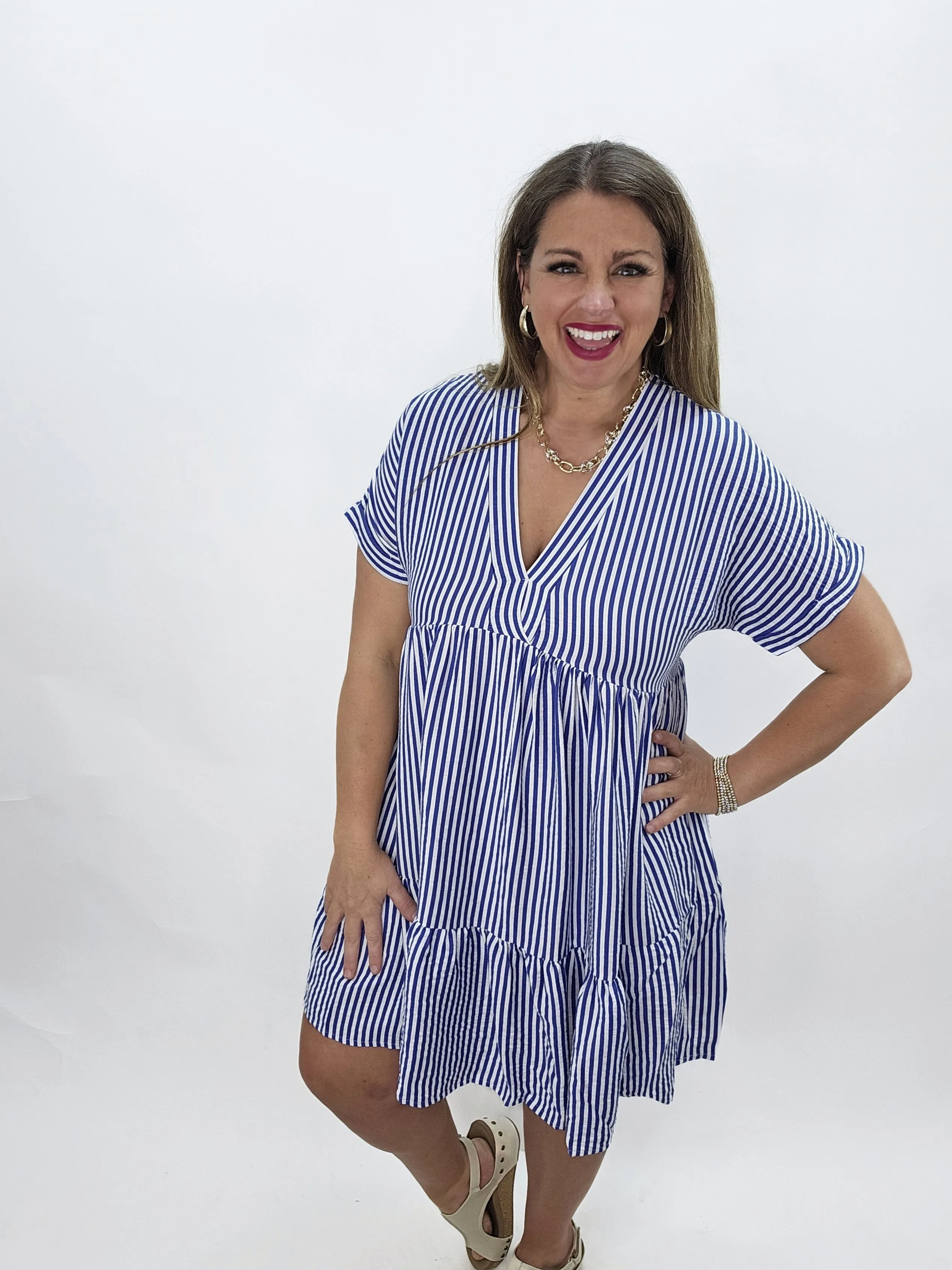 NAVY/WHITE STRIPED V NECK SIDE POCKET DRESS