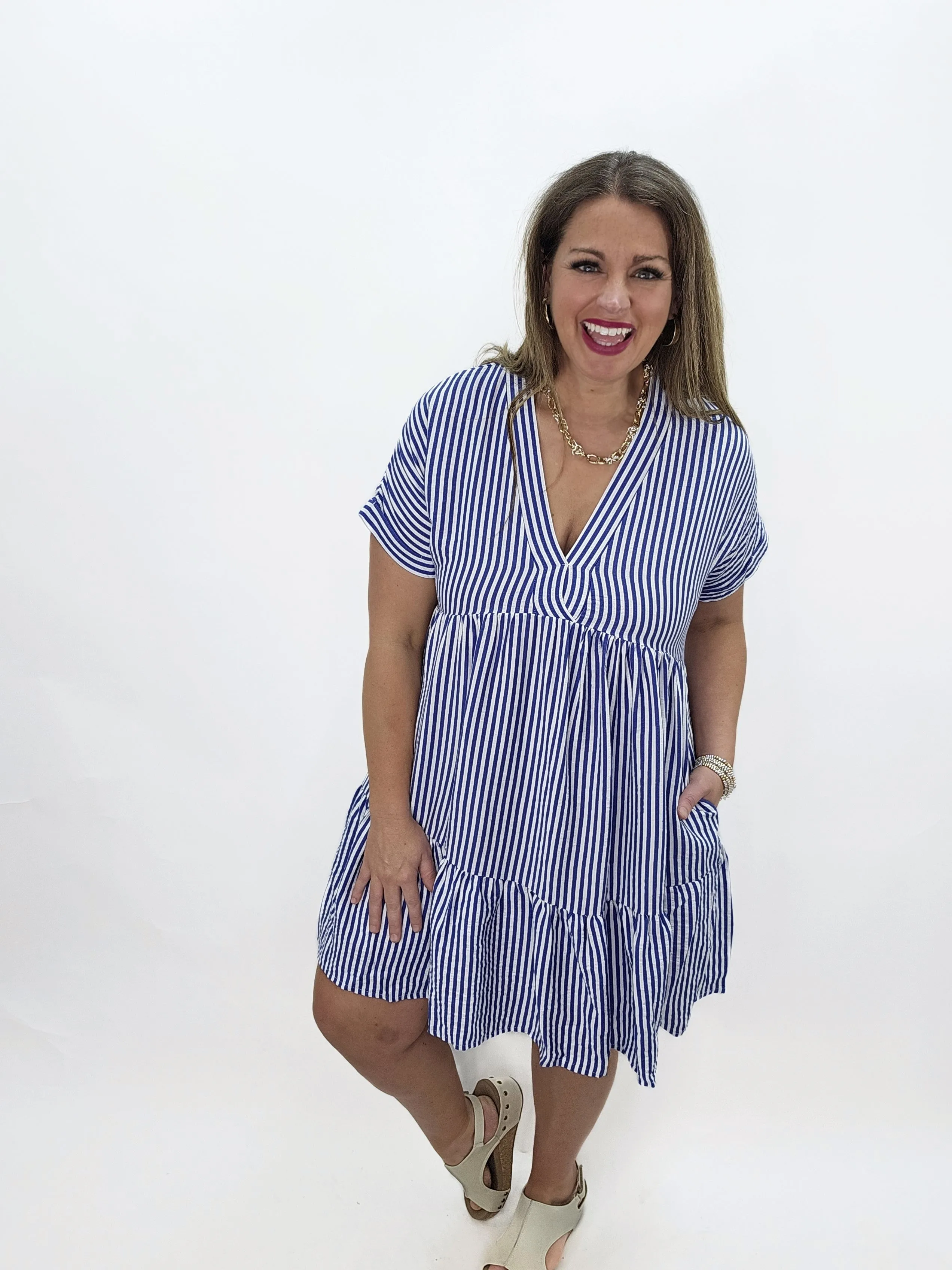 NAVY/WHITE STRIPED V NECK SIDE POCKET DRESS