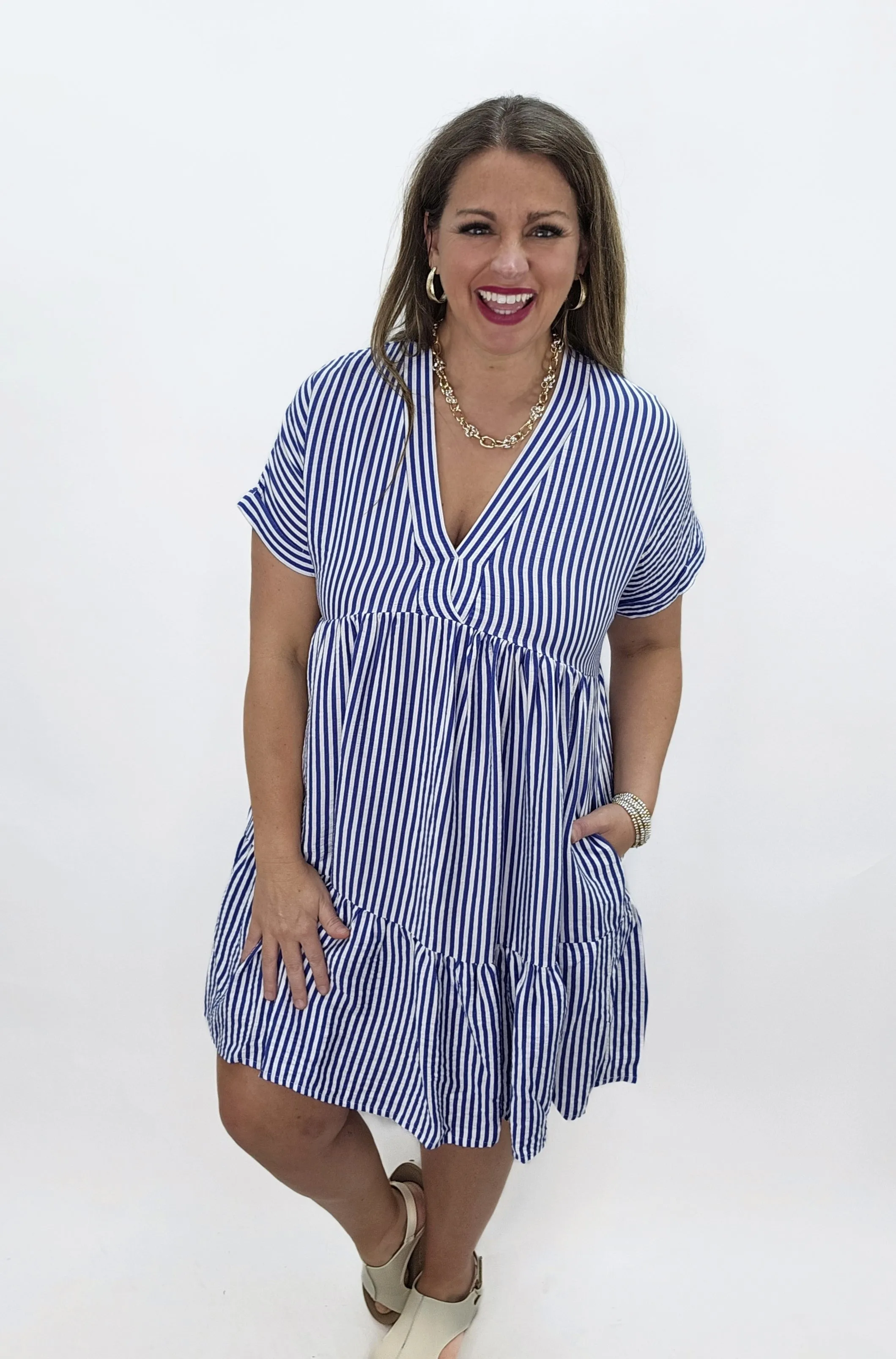 NAVY/WHITE STRIPED V NECK SIDE POCKET DRESS