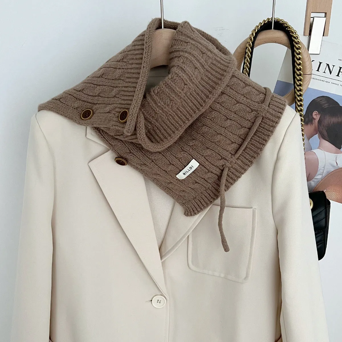 New winter style, buttoned scarf and hat in one, retro twisted pattern, neck warmer, Korean version, cold-proof and warm, neck protection shawl.C-240918-1