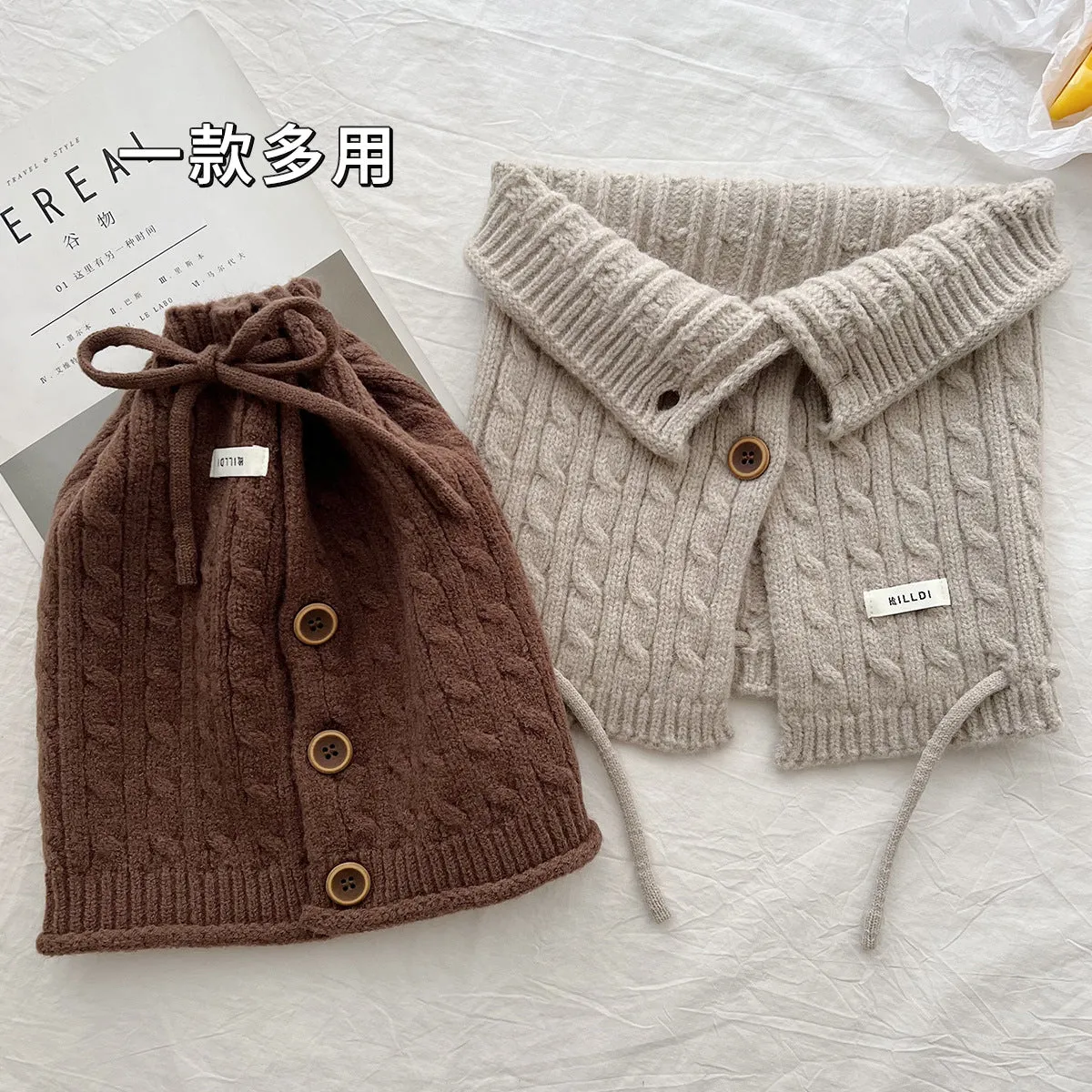 New winter style, buttoned scarf and hat in one, retro twisted pattern, neck warmer, Korean version, cold-proof and warm, neck protection shawl.C-240918-1
