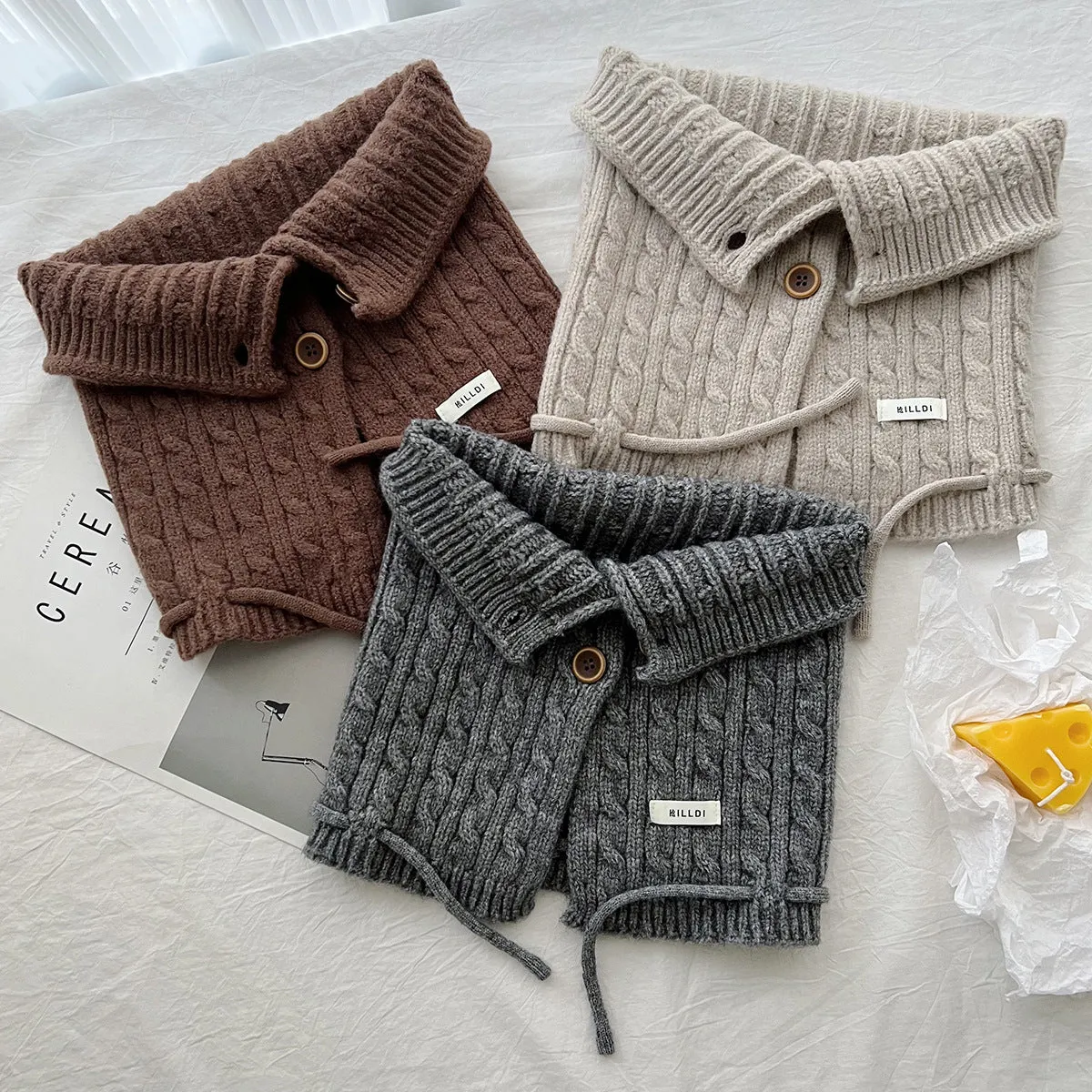 New winter style, buttoned scarf and hat in one, retro twisted pattern, neck warmer, Korean version, cold-proof and warm, neck protection shawl.C-240918-1