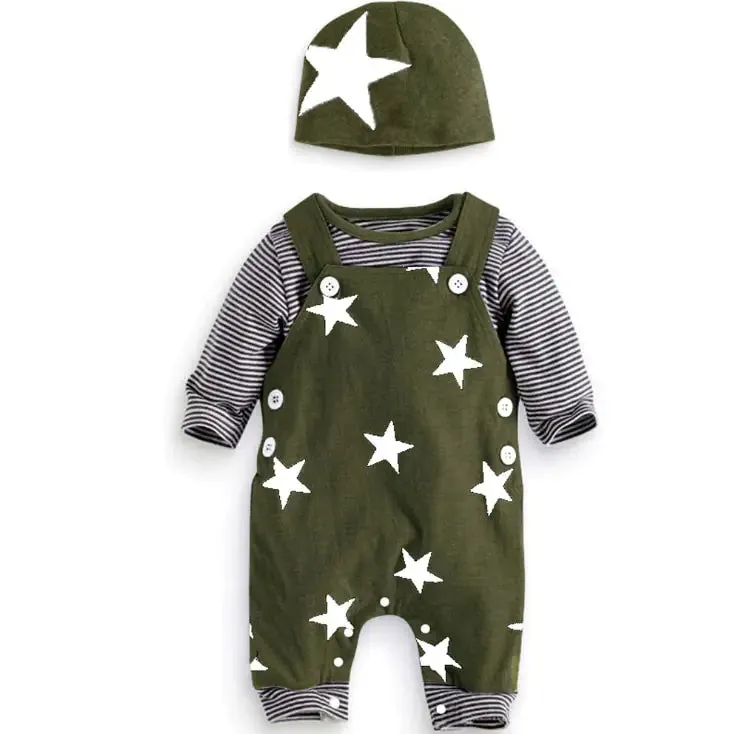 Newborn Baby Boy Clothes Long Sleeve Tops   Suspender Pants   Hat