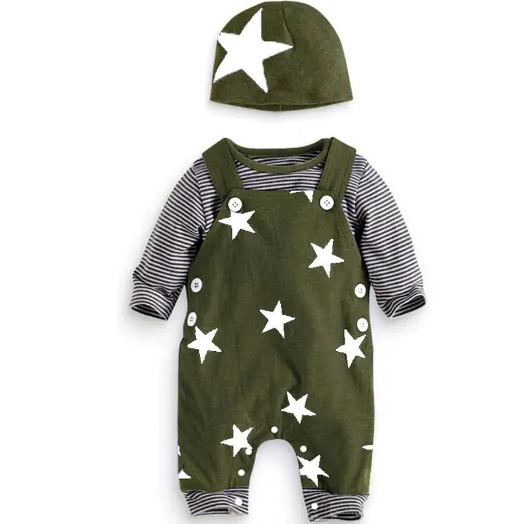 Newborn Baby Boy Clothes Long Sleeve Tops   Suspender Pants   Hat