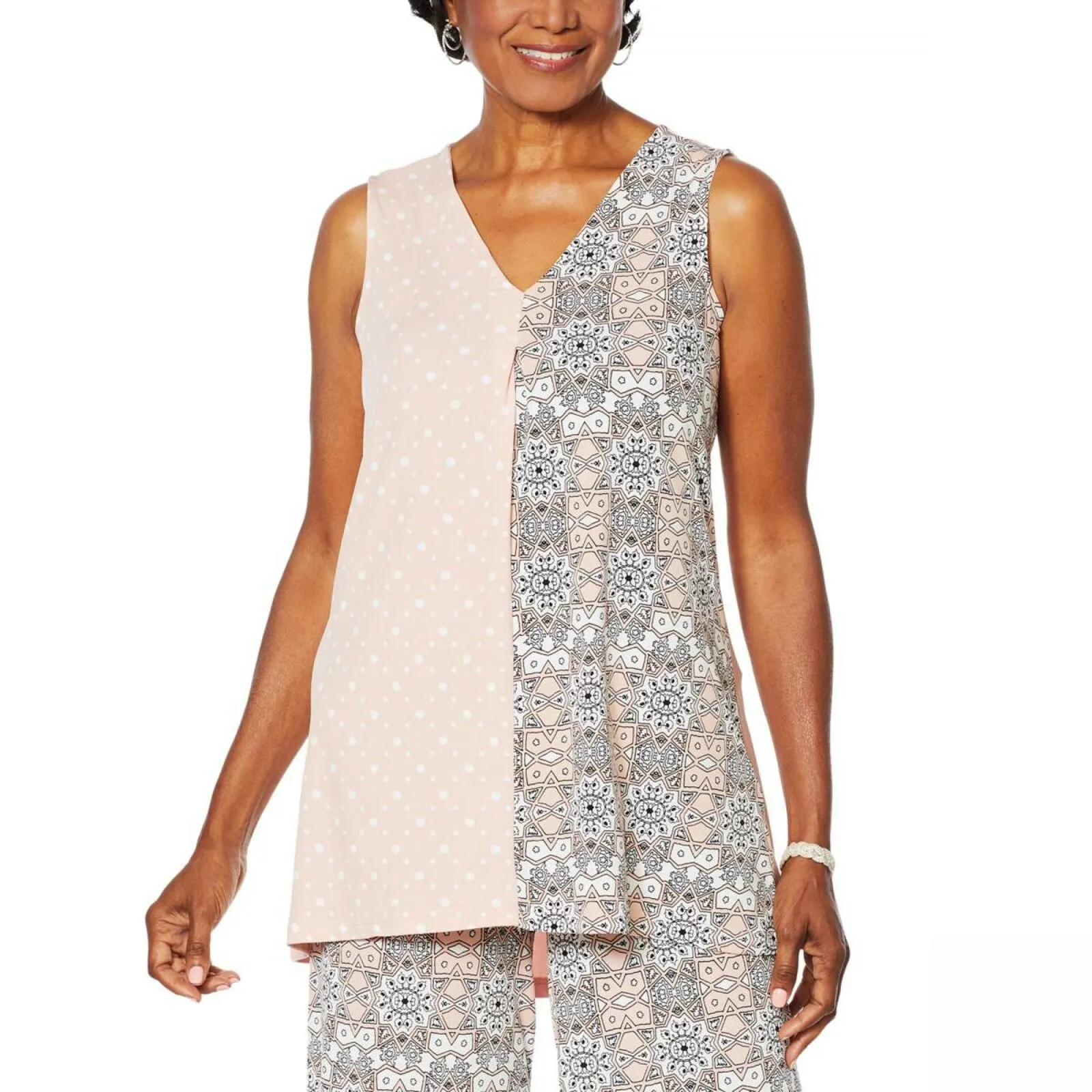 Nina Leonard Women's Twin Print Sleeveless Tunic Top Blush Large