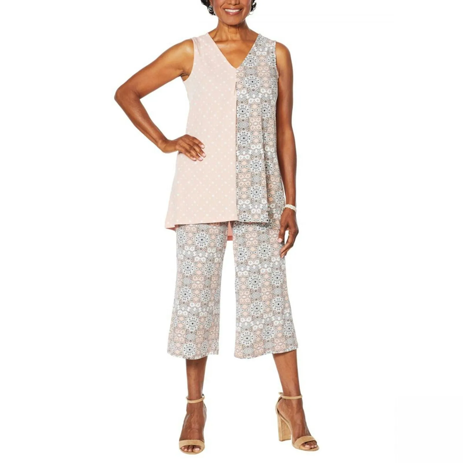Nina Leonard Women's Twin Print Sleeveless Tunic Top Blush Large