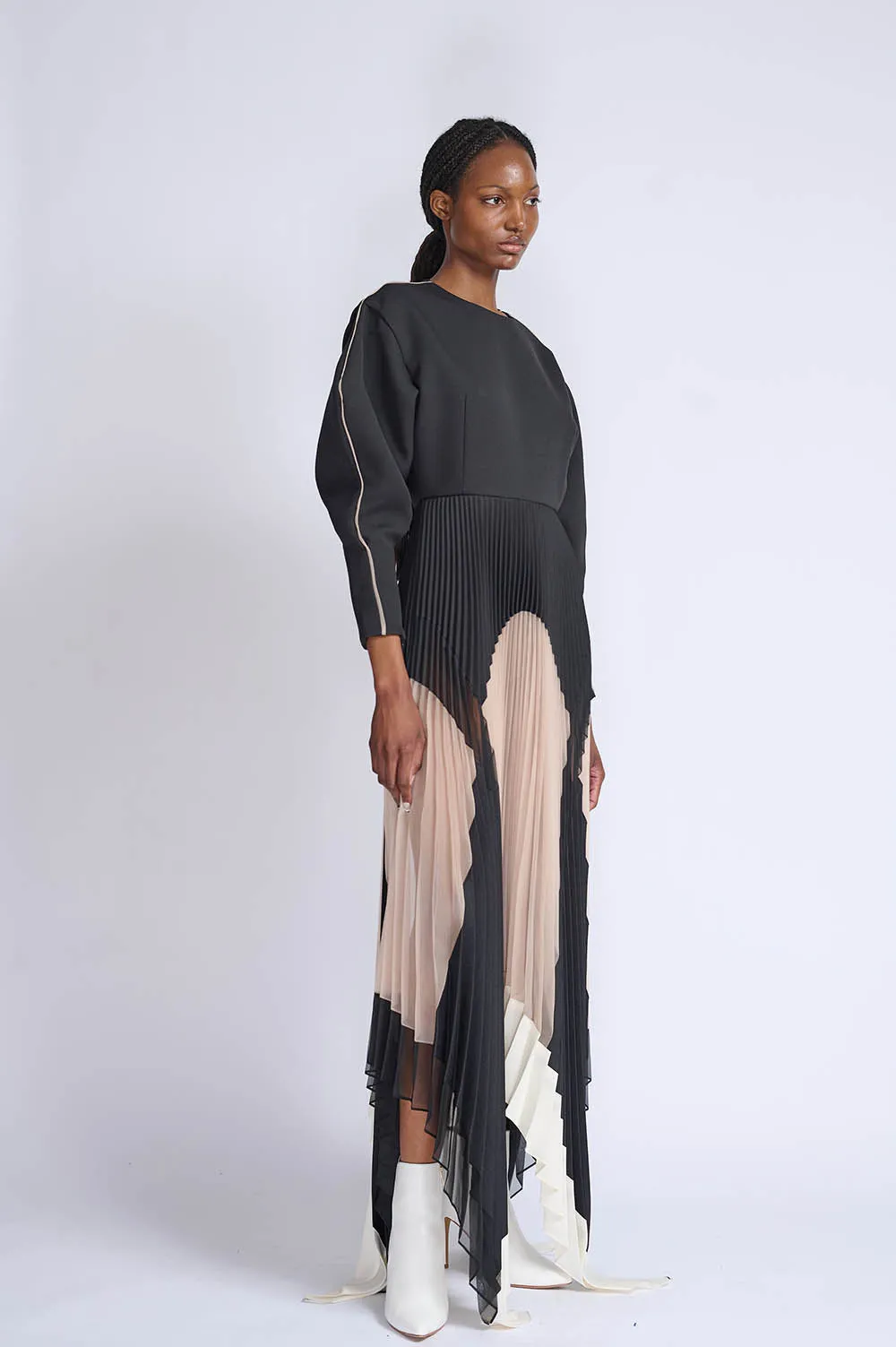Onyx Cady, Gazar and Organza Pleated Dress