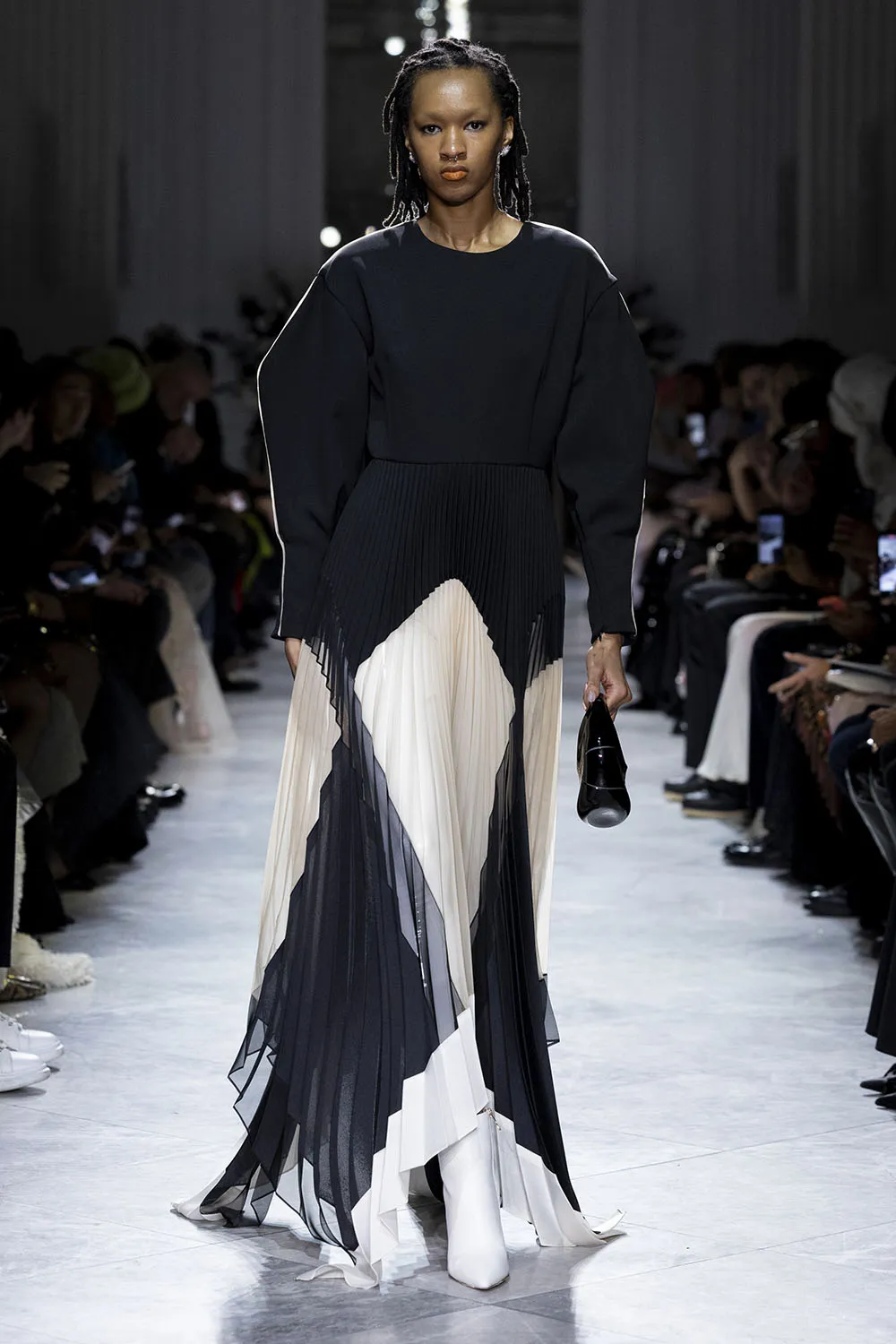 Onyx Cady, Gazar and Organza Pleated Dress
