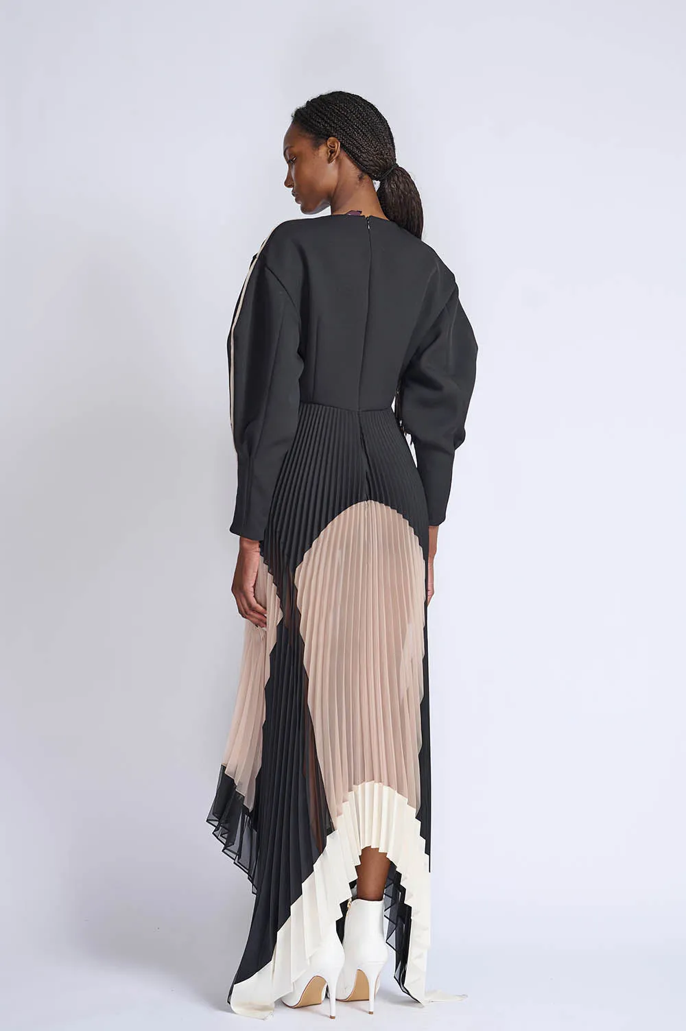 Onyx Cady, Gazar and Organza Pleated Dress