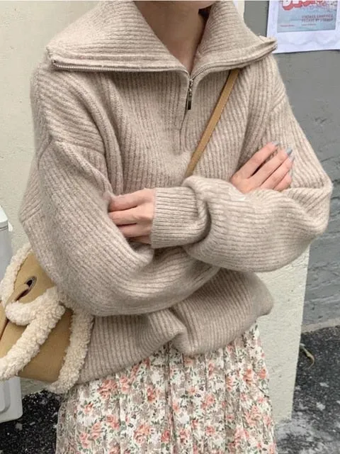 Oversize Zipper Knitted Loose Sweater