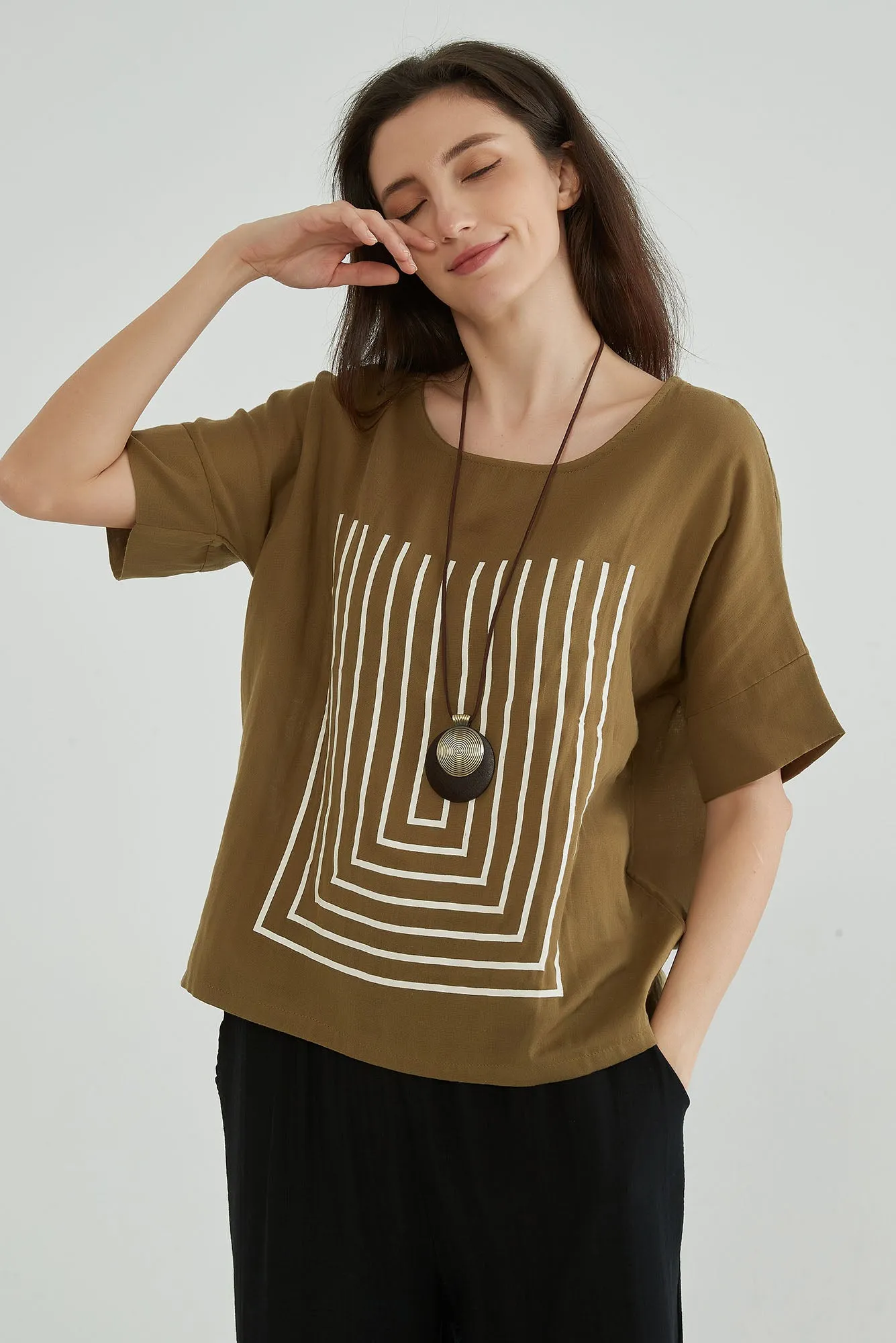 Pale Brown Cotton Gauze Oversized Tops