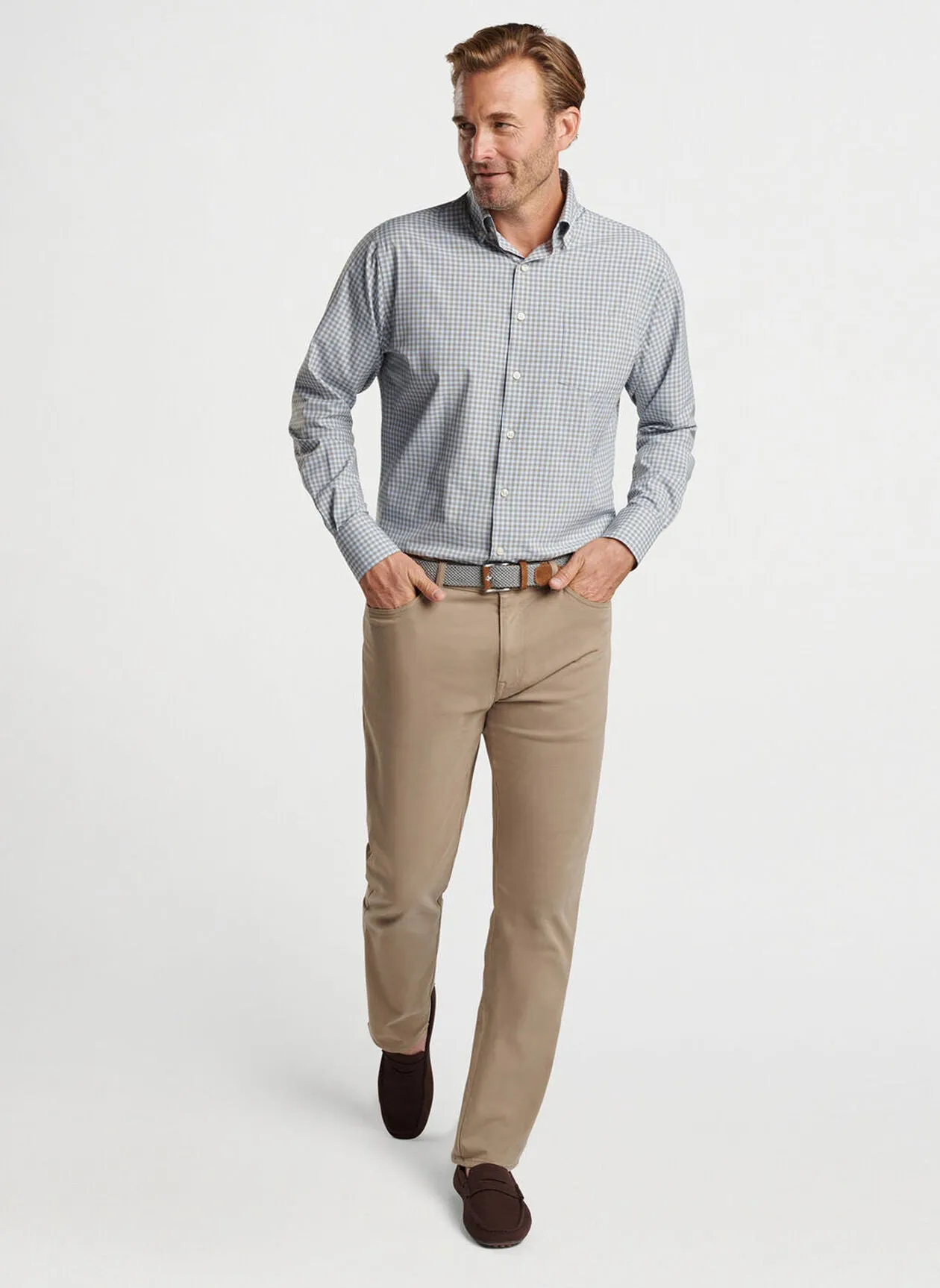 Peter Millar Mens Classic Fit Murray Performance Poplin Sport Shirt - DARK OLIVE