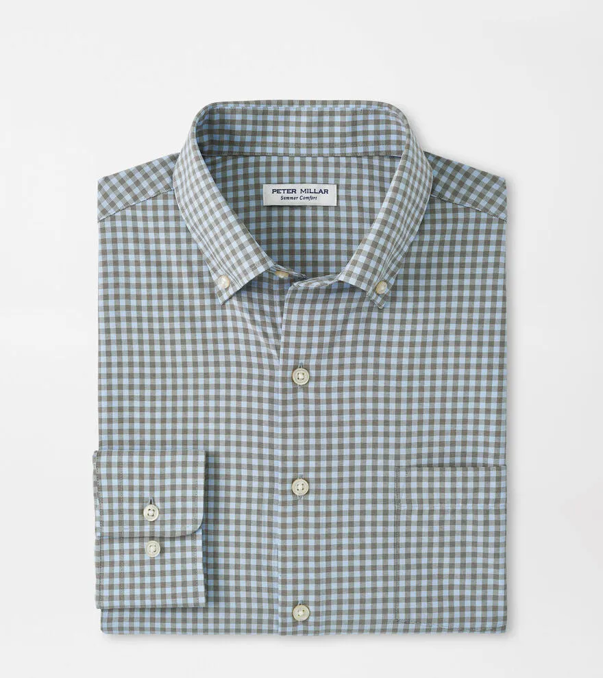 Peter Millar Mens Classic Fit Murray Performance Poplin Sport Shirt - DARK OLIVE