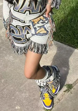 Playful Multi-Color Print Tassel Shorts with Effortless Boho Vibes