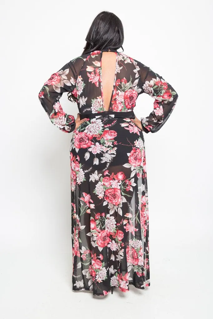 Plus Size Double Slit Flowy Floral Maxi Dress
