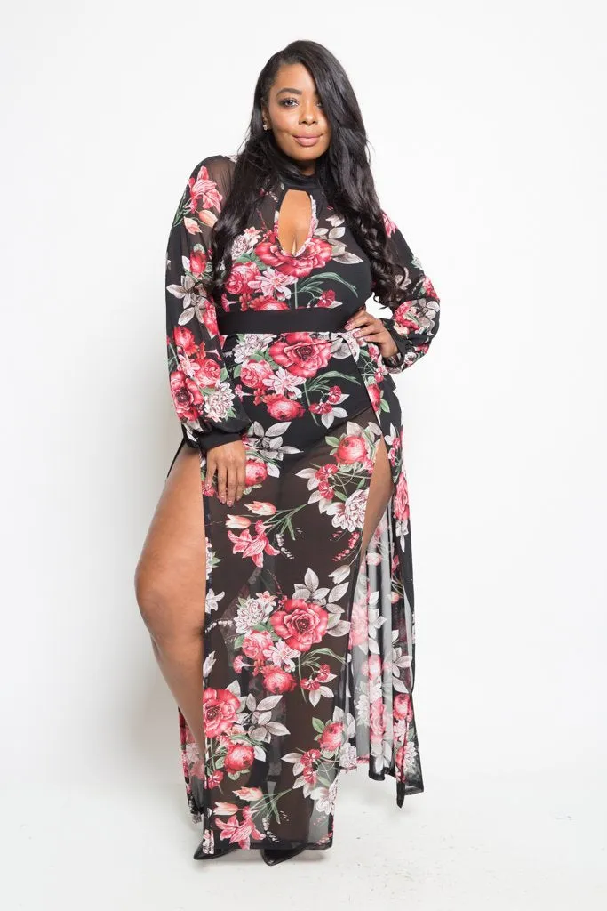 Plus Size Double Slit Flowy Floral Maxi Dress