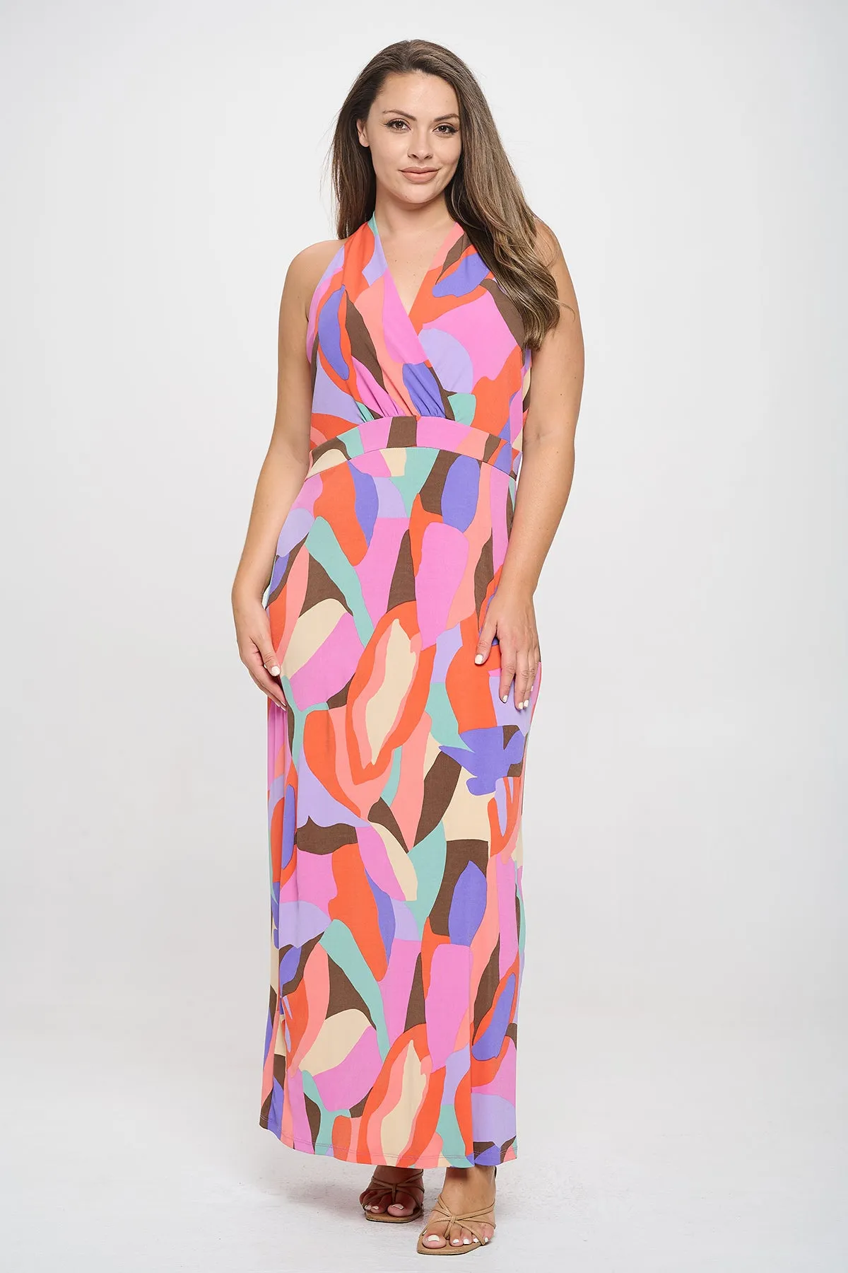 PLUS SIZE WRAP NECK PRINTED MAXI DRESS