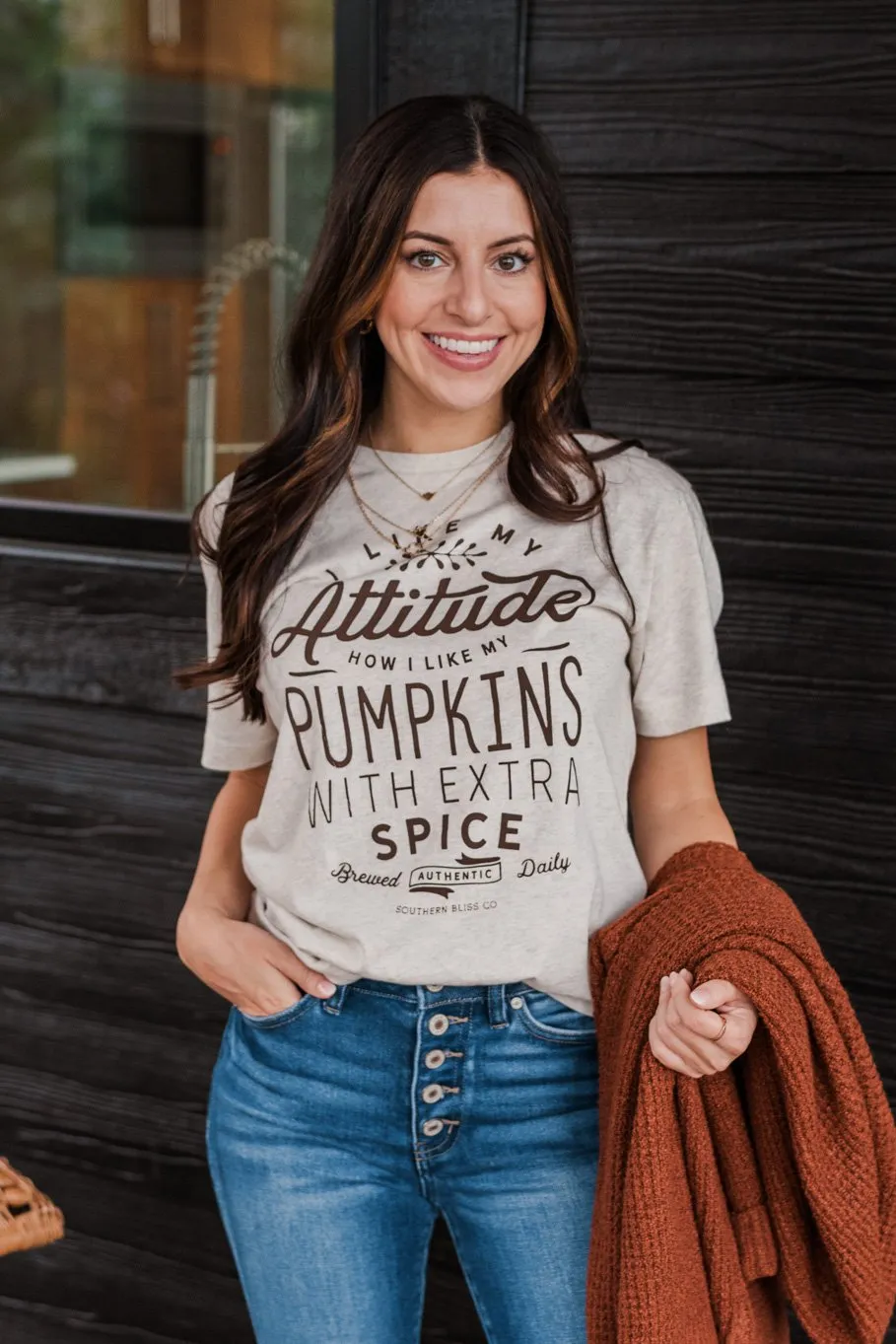 Pumpkin Attitude Graphic Tee- Heathered Oatmeal