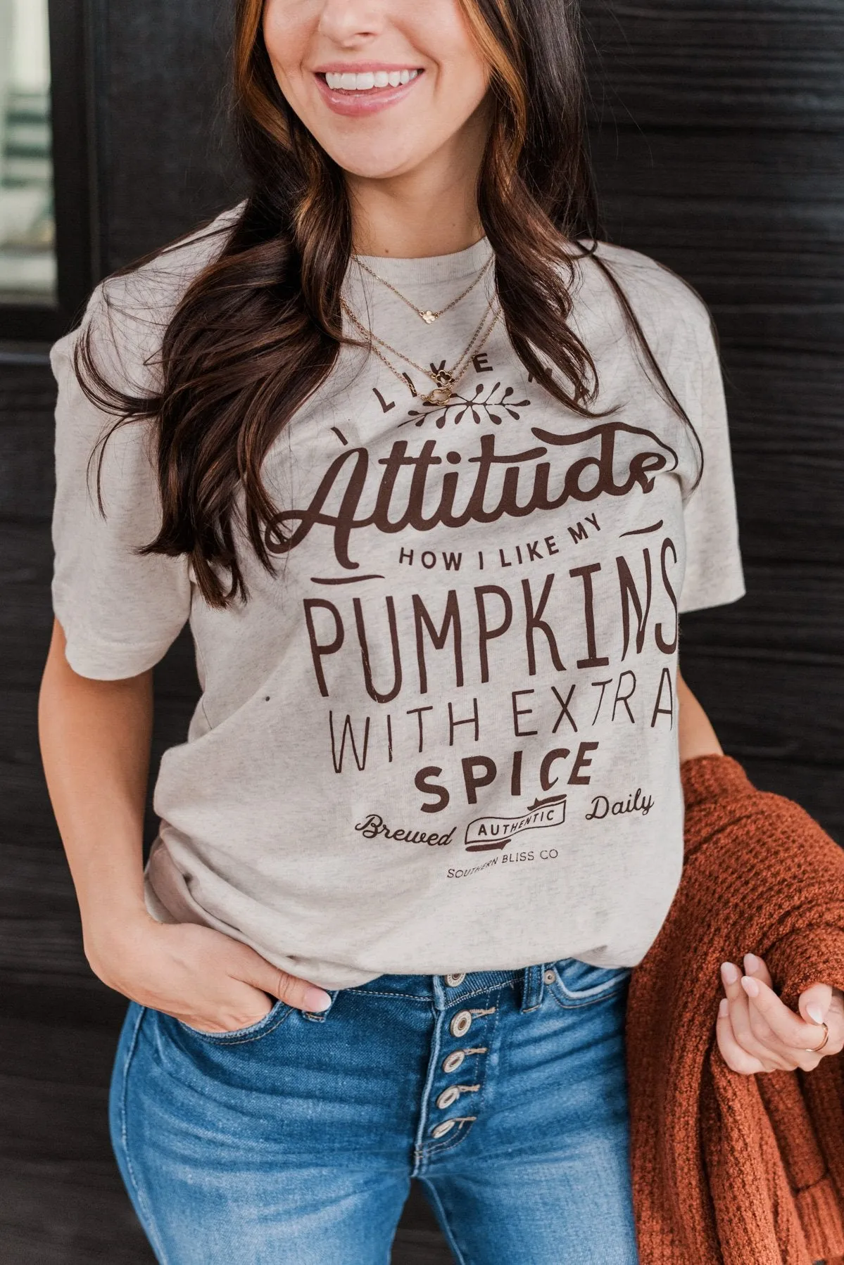 Pumpkin Attitude Graphic Tee- Heathered Oatmeal