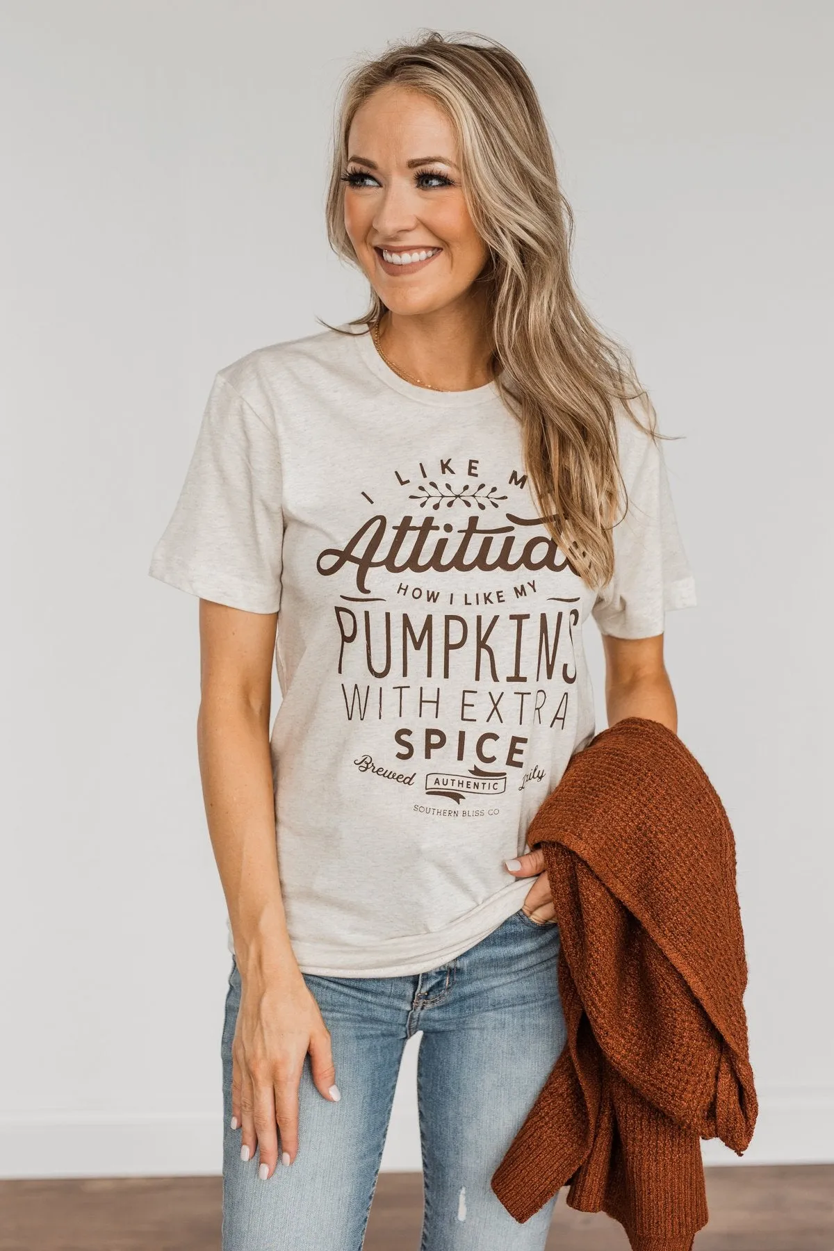 Pumpkin Attitude Graphic Tee- Heathered Oatmeal