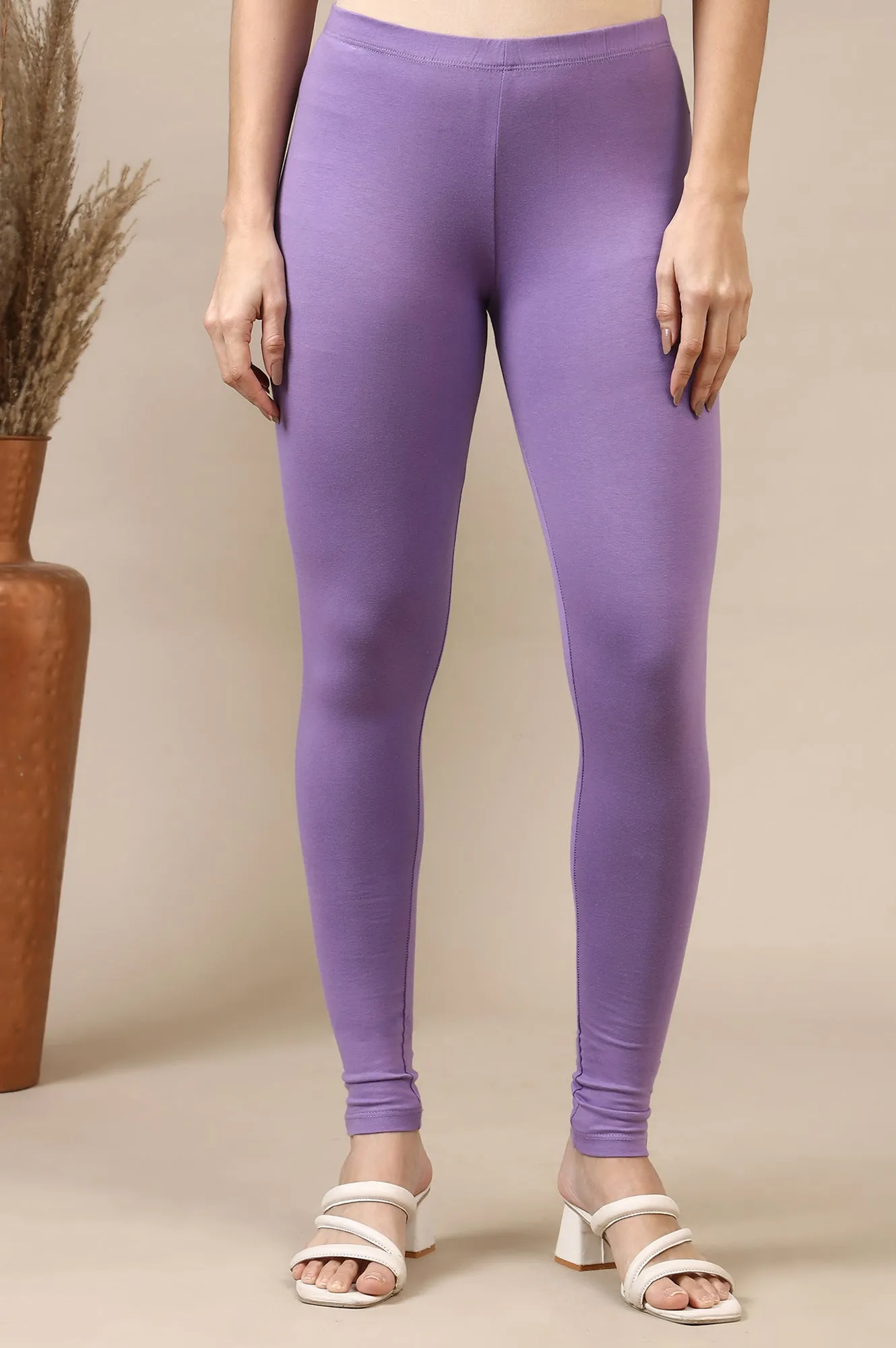 Purple Cotton Lycra Ankle Length Leggings