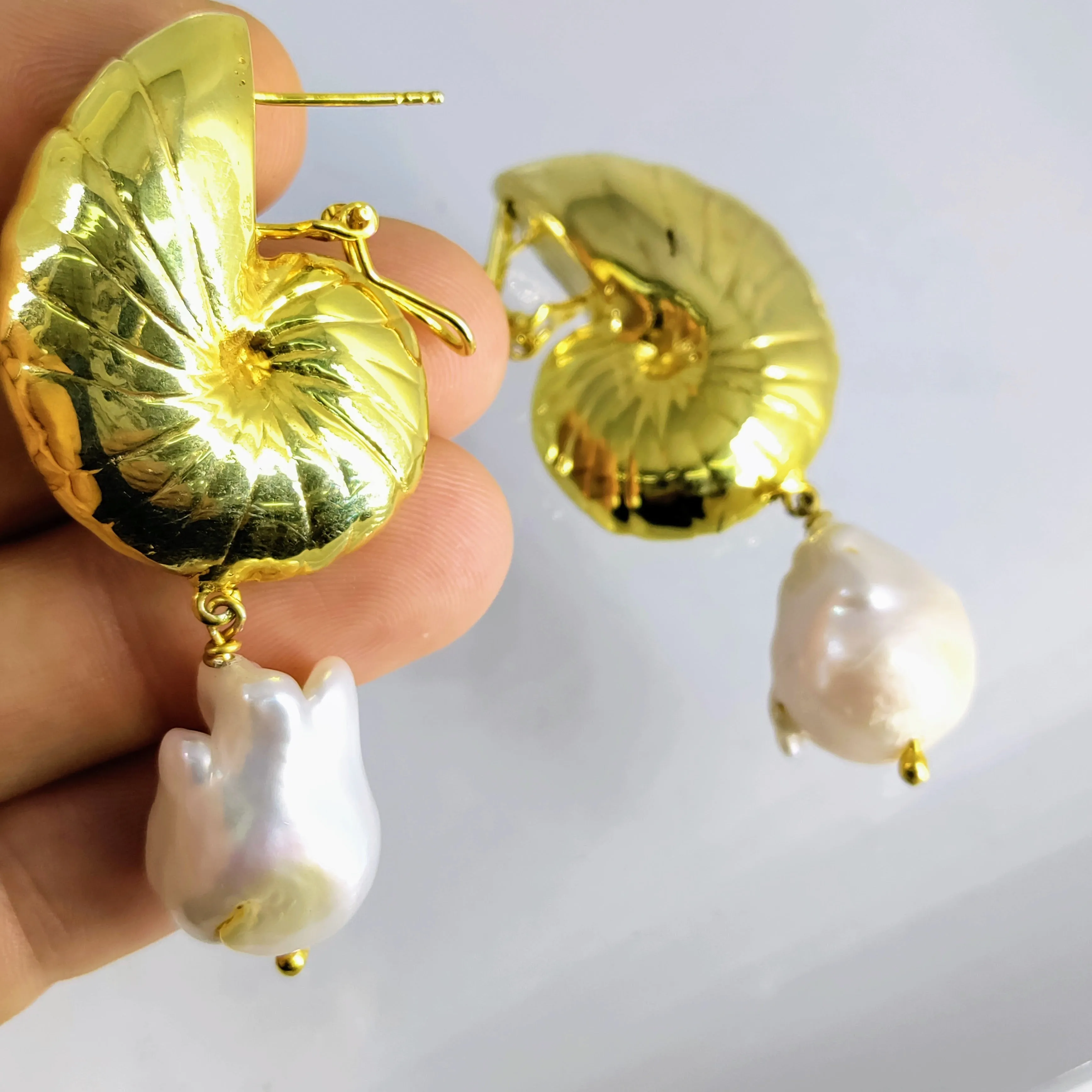 "Nauti-Baroque" 3" Earrings - Baroque Pearl, Gold Sterling