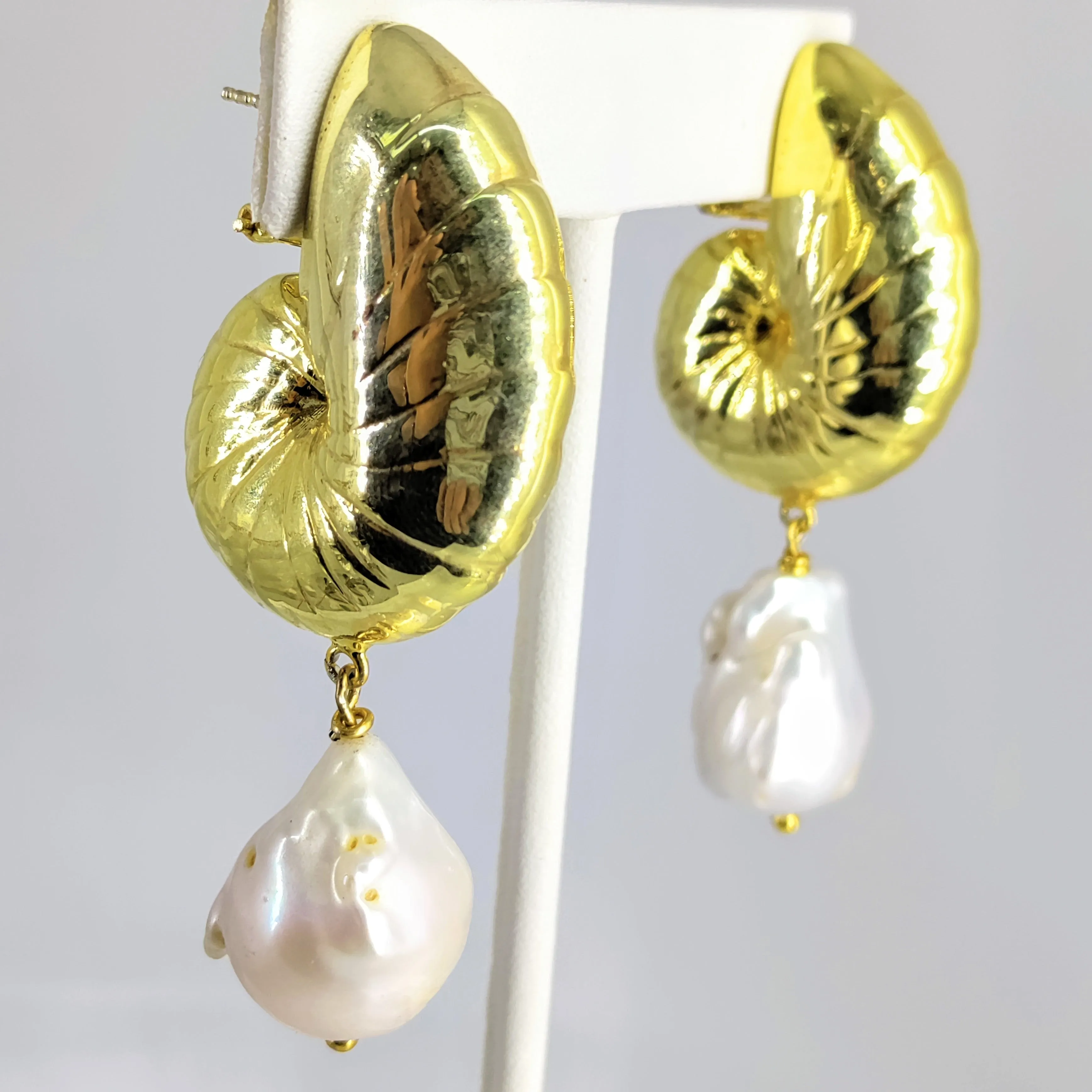 "Nauti-Baroque" 3" Earrings - Baroque Pearl, Gold Sterling