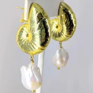 "Nauti-Baroque" 3" Earrings - Baroque Pearl, Gold Sterling