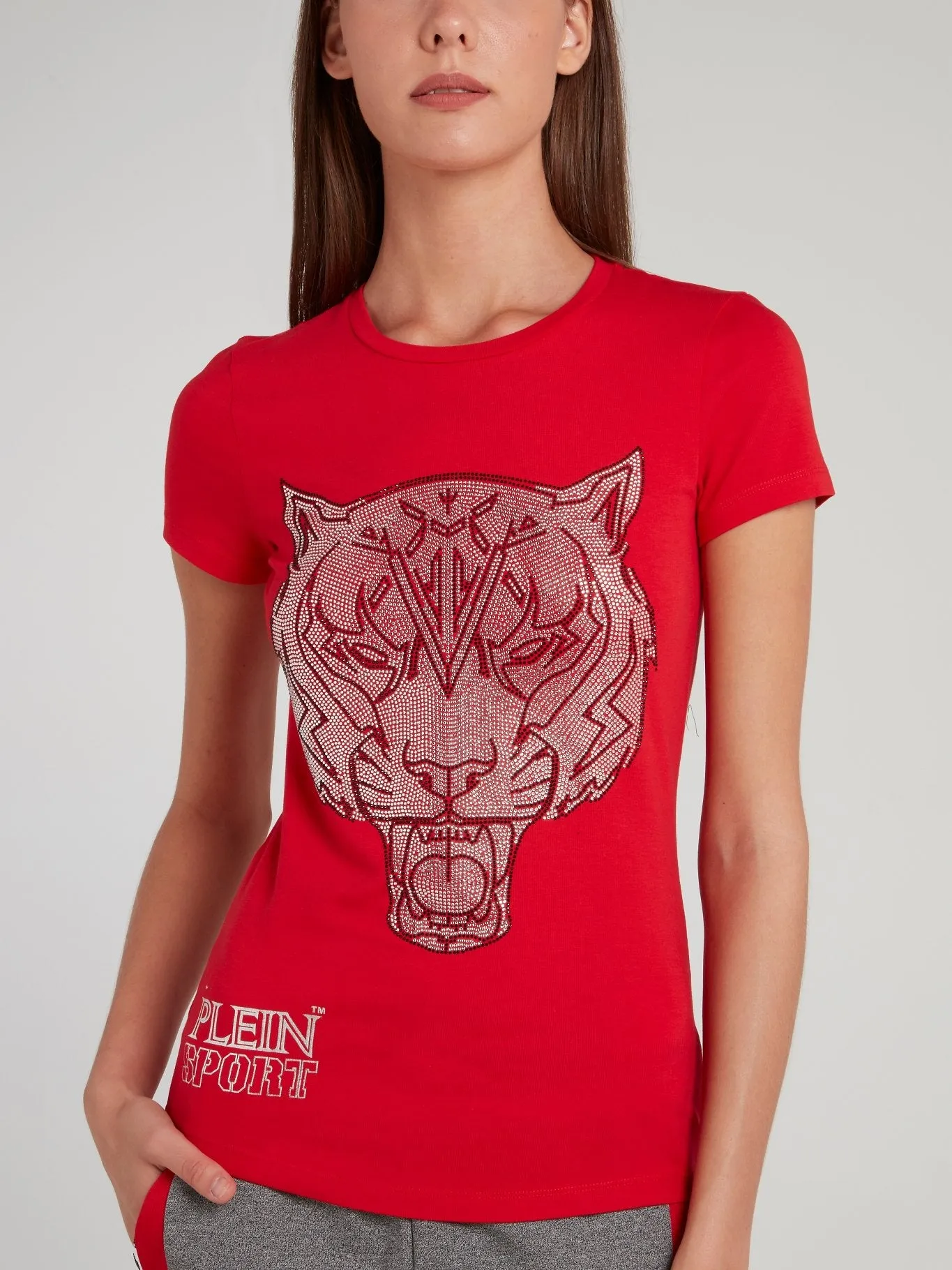 Red Studded Tiger Round Neck T-Shirt