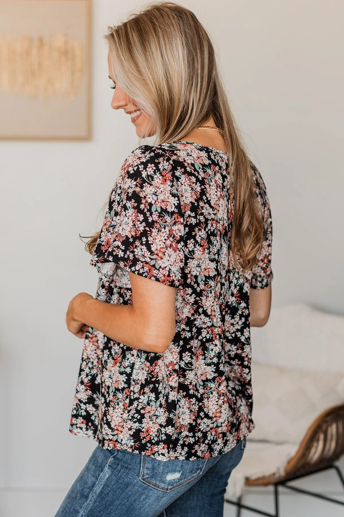 Reminisce With Me Floral Top- Black