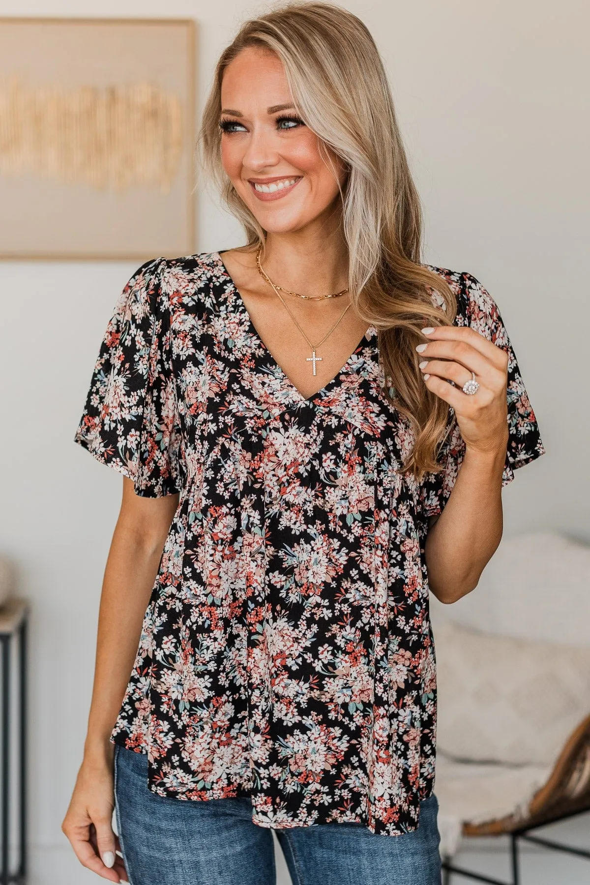 Reminisce With Me Floral Top- Black