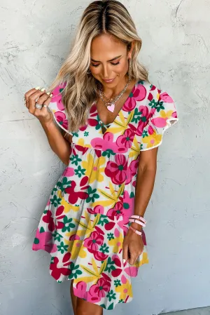 Rose Printed Crisscross Decor V Neck Flutter Sleeve Dress