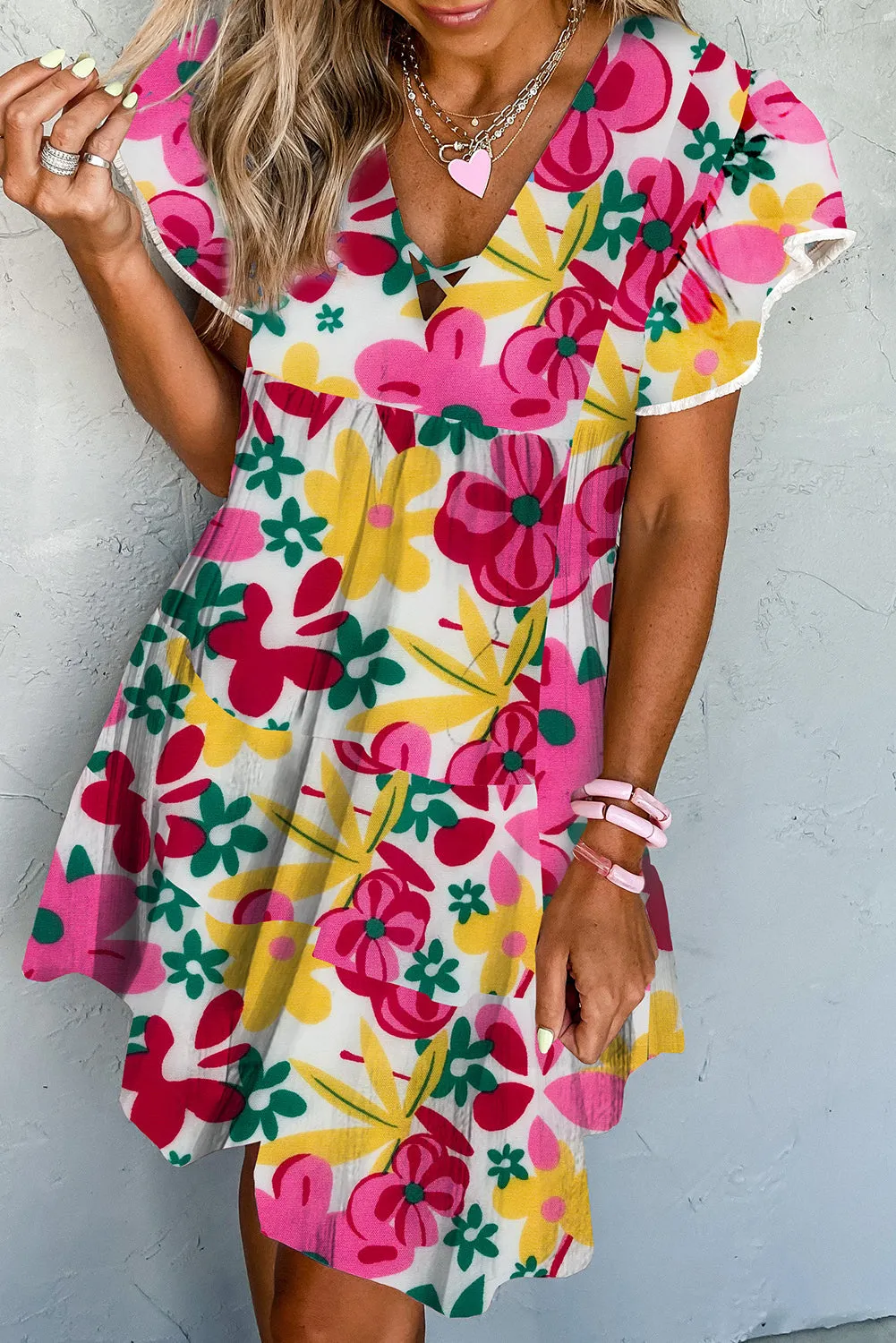 Rose Printed Crisscross Decor V Neck Flutter Sleeve Dress