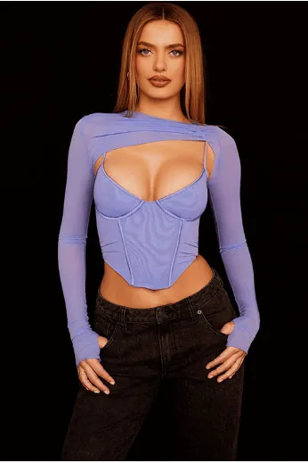 Round neck long-sleeved mesh short T-shirt