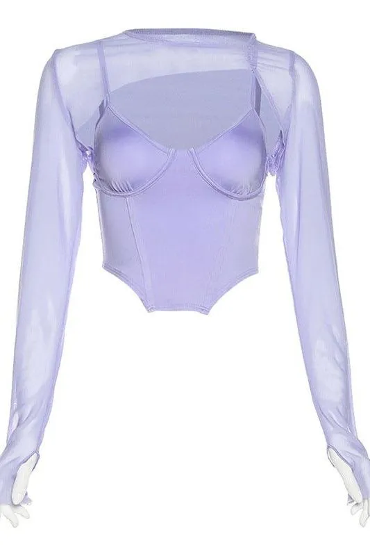 Round neck long-sleeved mesh short T-shirt