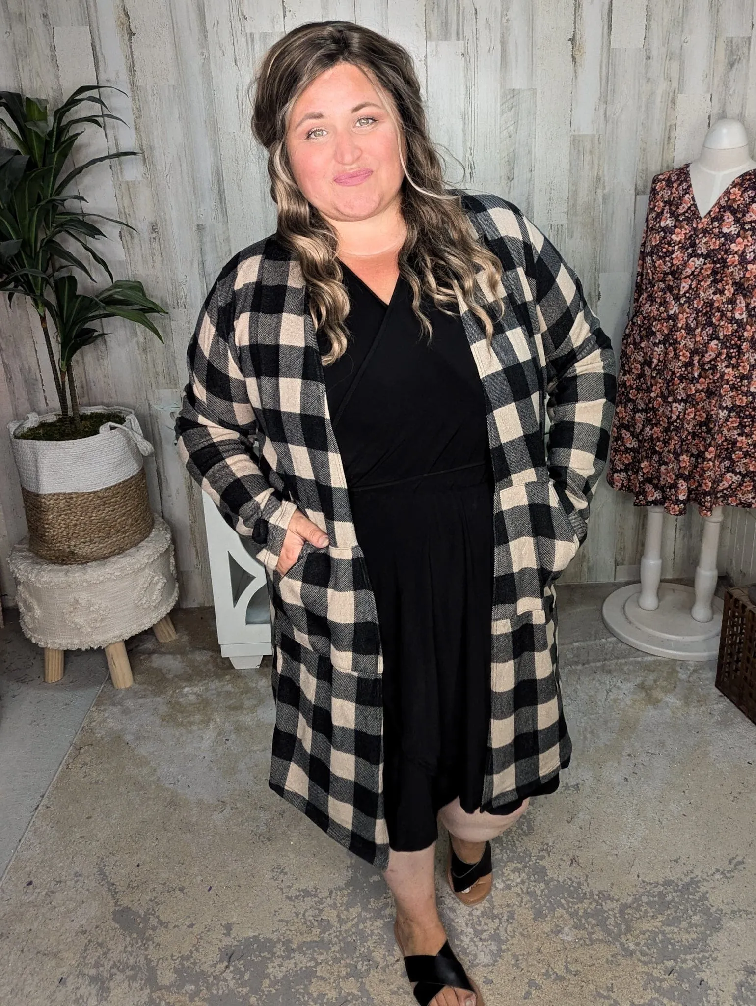 SALE- Shiloh Taupe   Black Plaid Open Cardigan