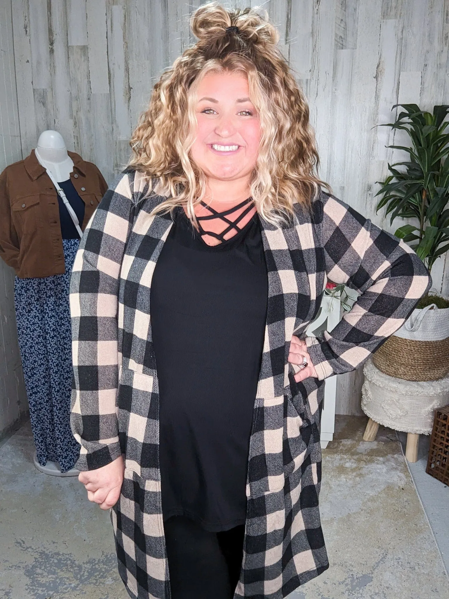 SALE- Shiloh Taupe   Black Plaid Open Cardigan