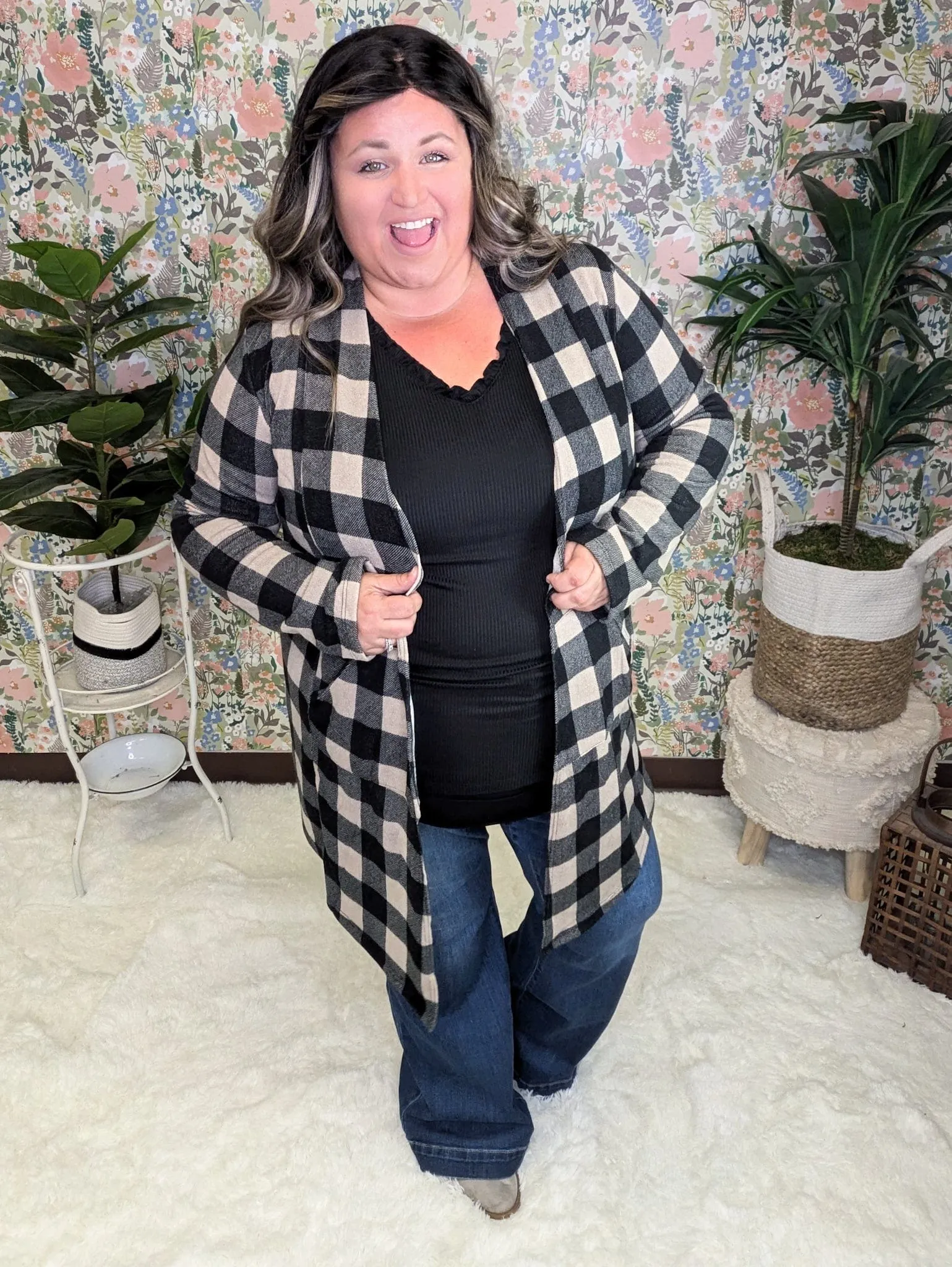 SALE- Shiloh Taupe   Black Plaid Open Cardigan