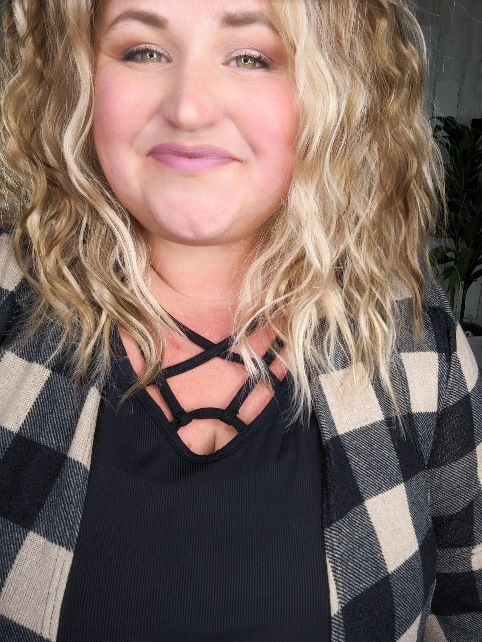 SALE- Shiloh Taupe   Black Plaid Open Cardigan