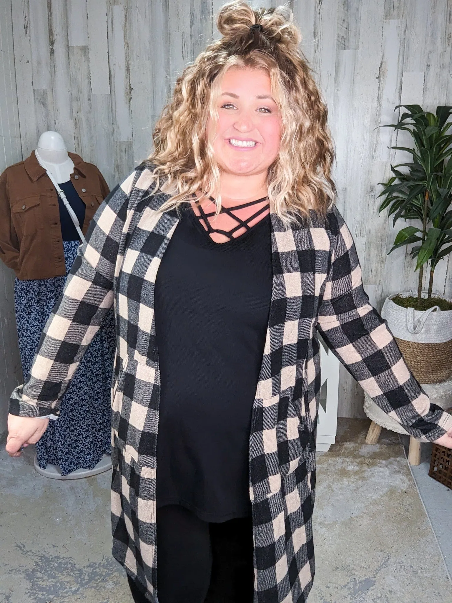 SALE- Shiloh Taupe   Black Plaid Open Cardigan