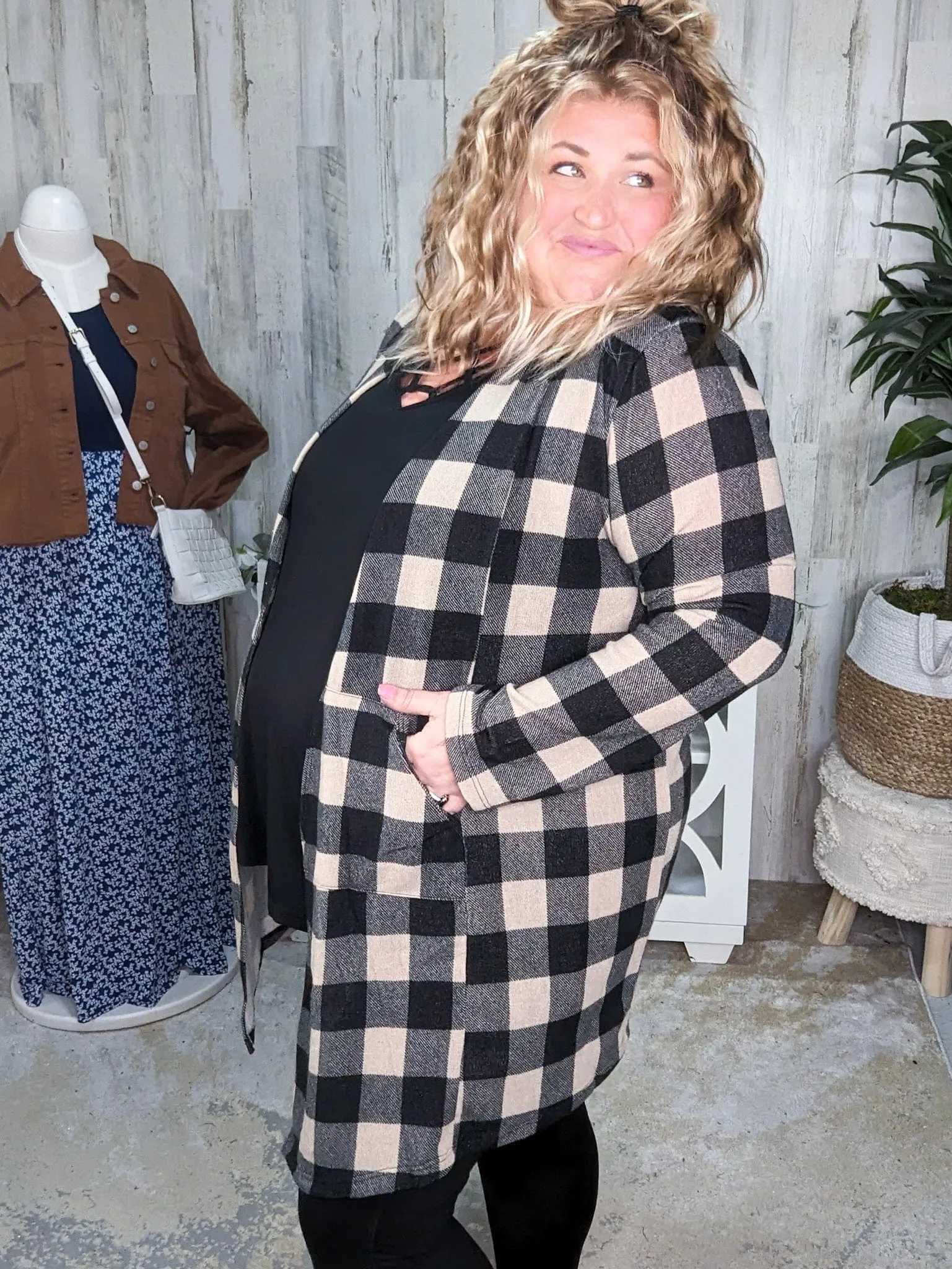 SALE- Shiloh Taupe   Black Plaid Open Cardigan