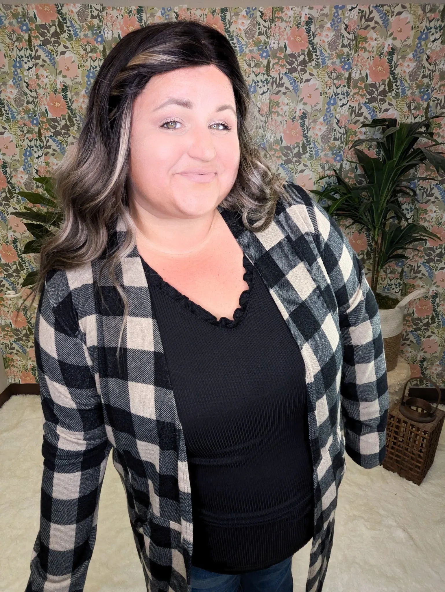 SALE- Shiloh Taupe   Black Plaid Open Cardigan