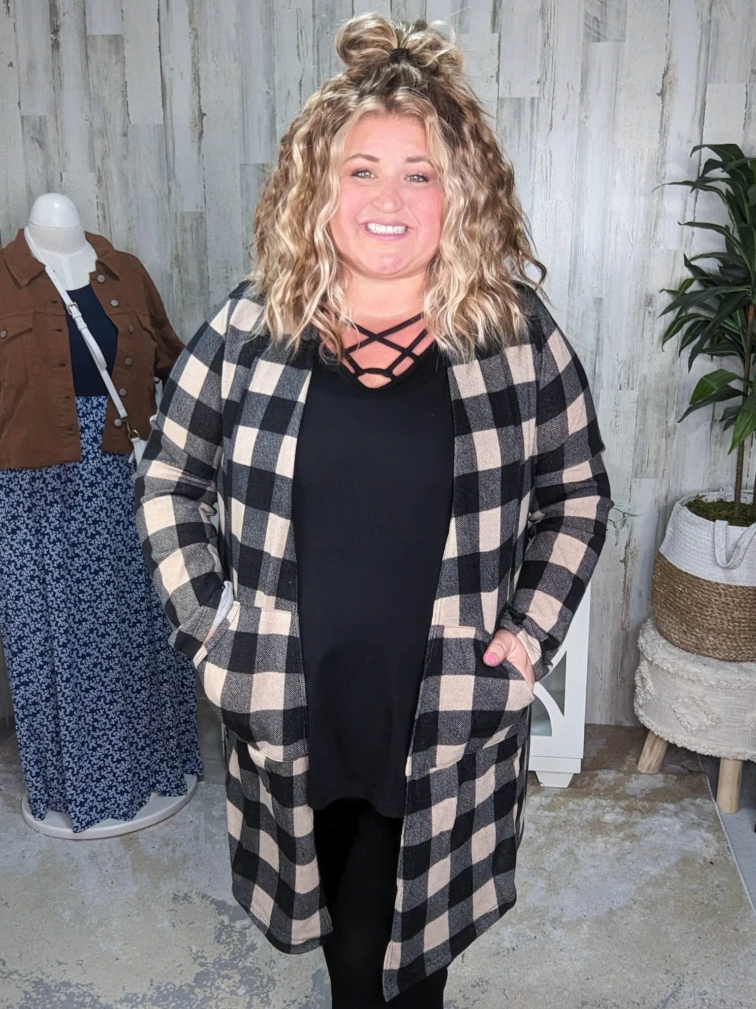 SALE- Shiloh Taupe   Black Plaid Open Cardigan